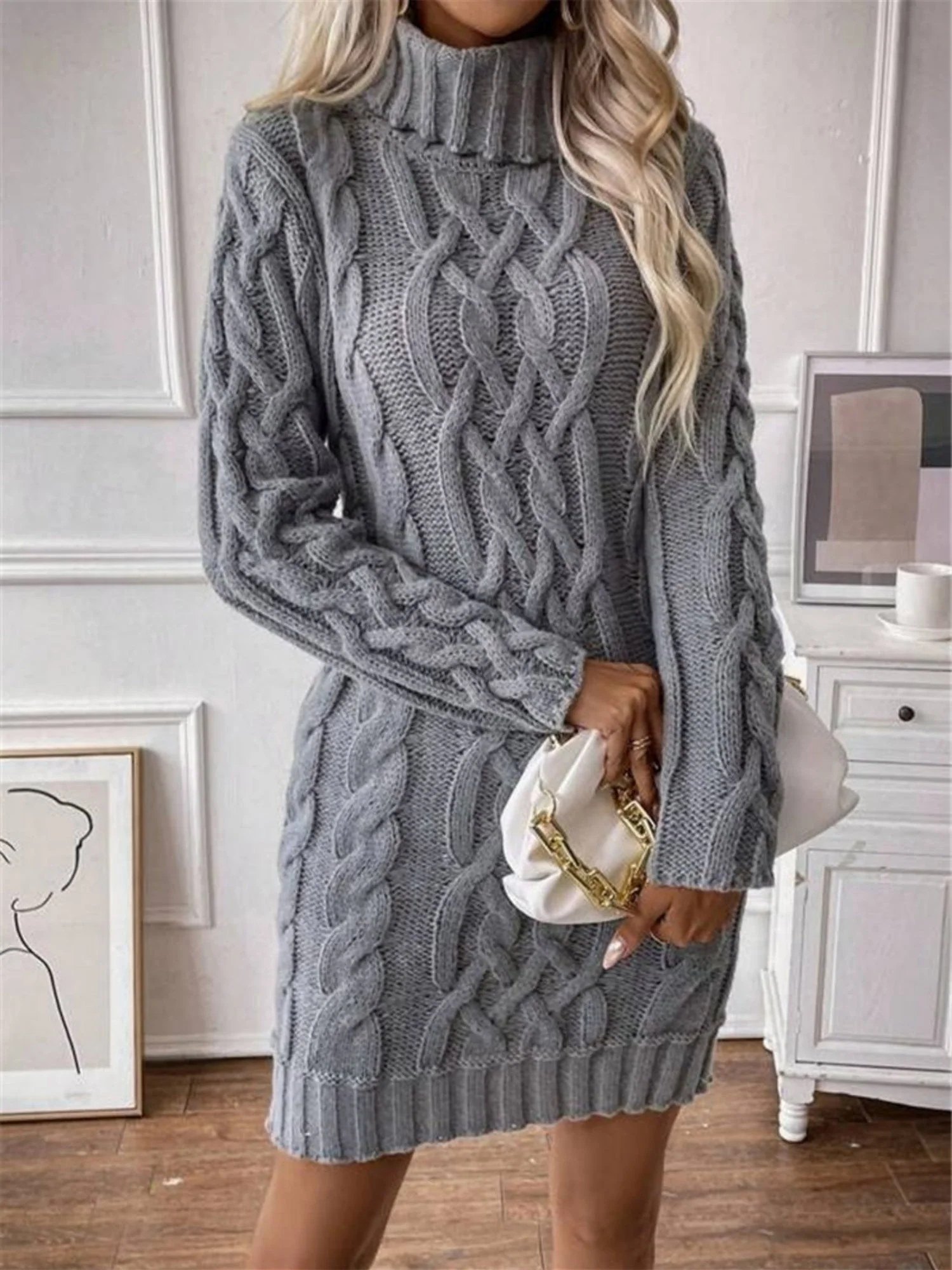 Twisted Thread Turtleneck Knitted Sweaters Midi Dresses - Image 4