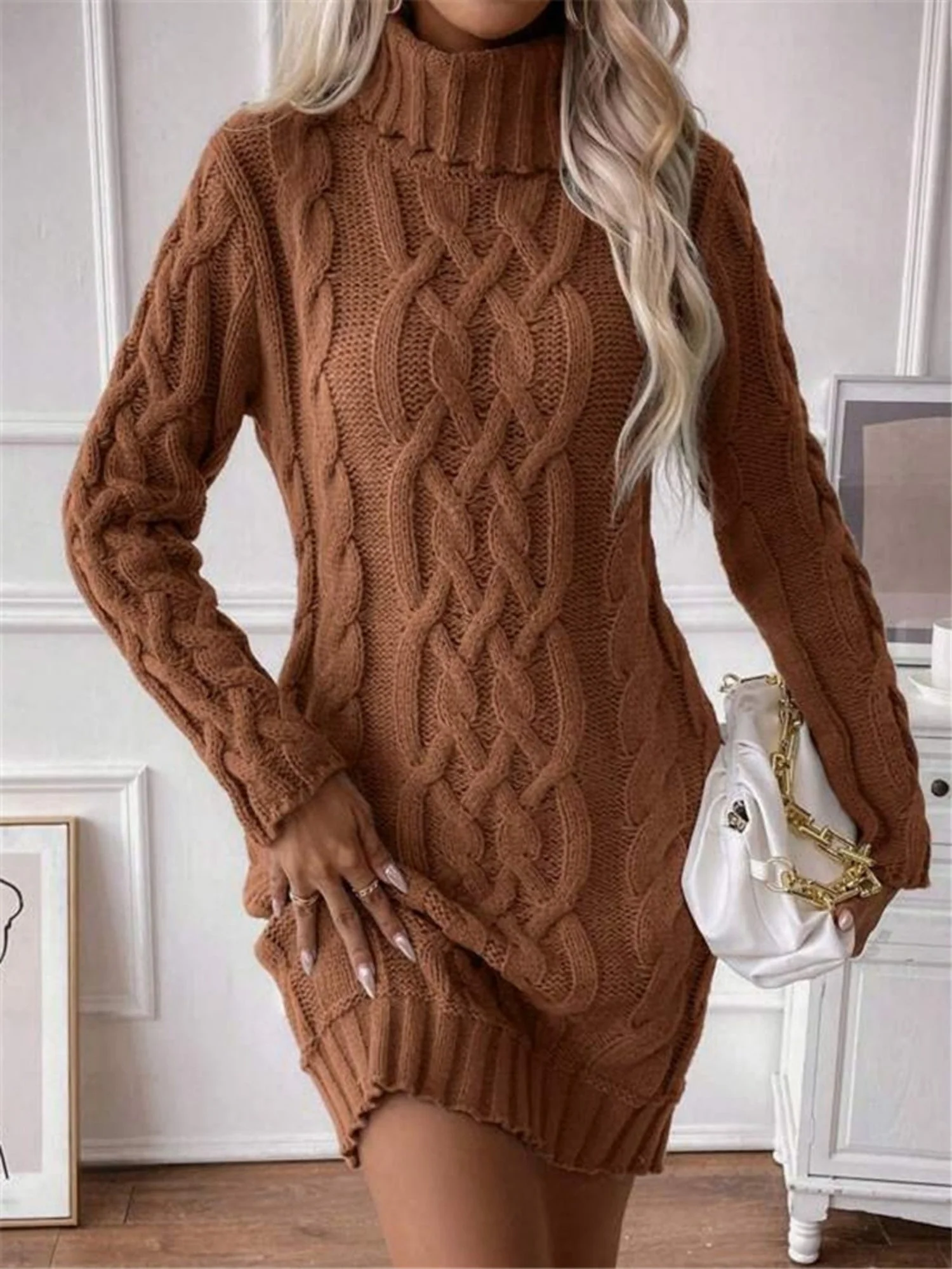 Twisted Thread Turtleneck Knitted Sweaters Midi Dresses - Image 6