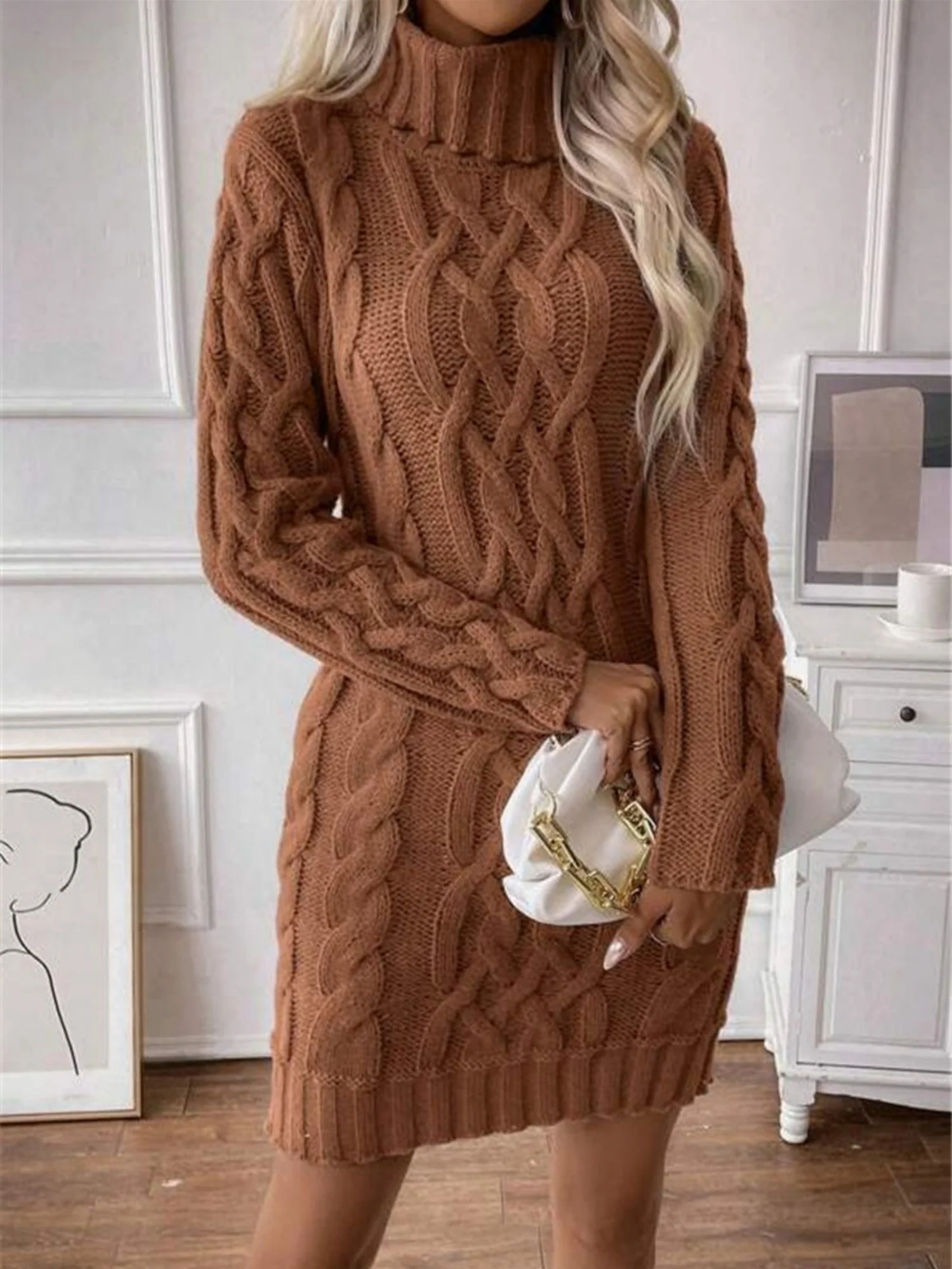 Twisted Thread Turtleneck Knitted Sweaters Midi Dresses - Image 7