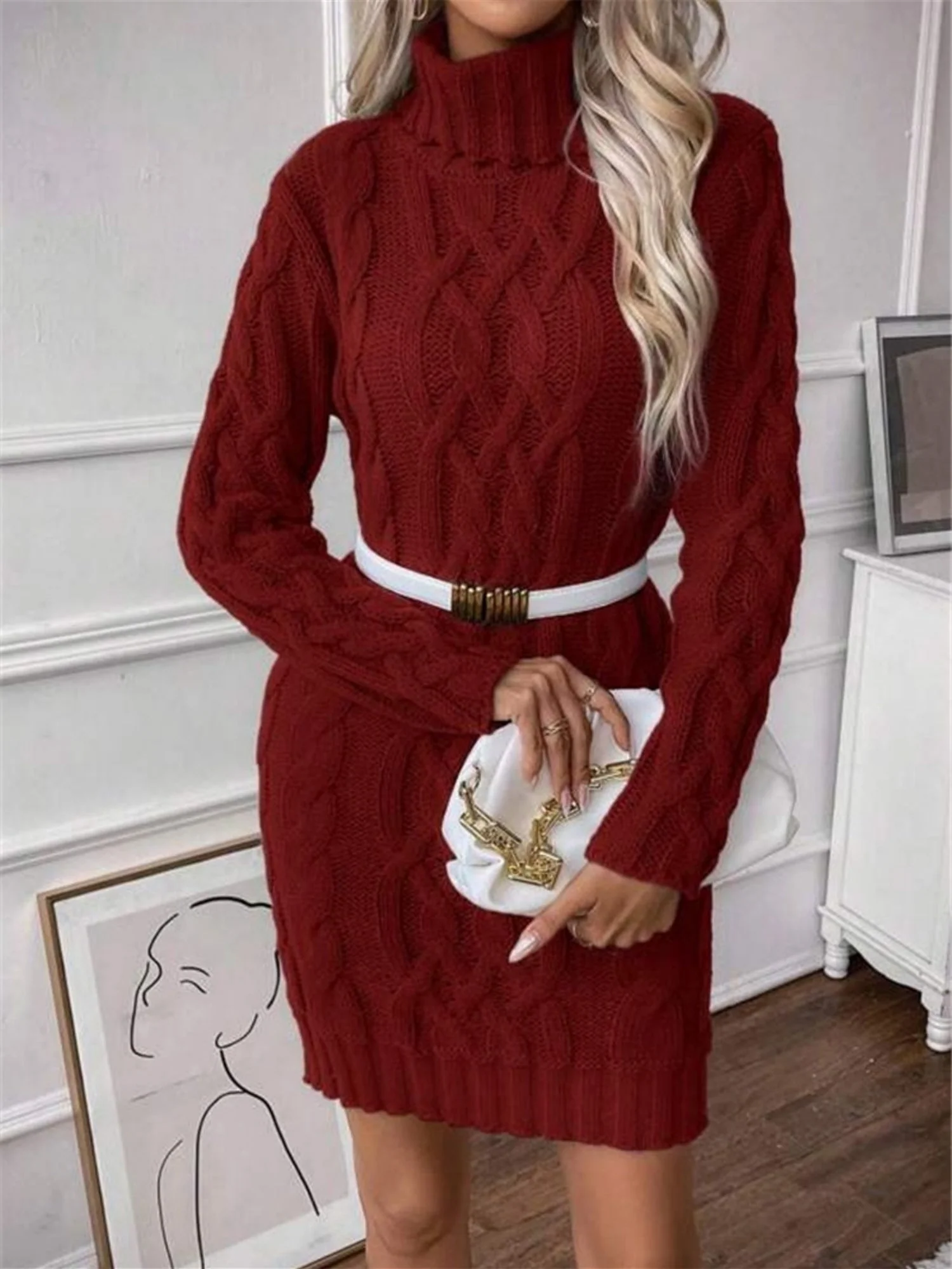 Twisted Thread Turtleneck Knitted Sweaters Midi Dresses - Image 8