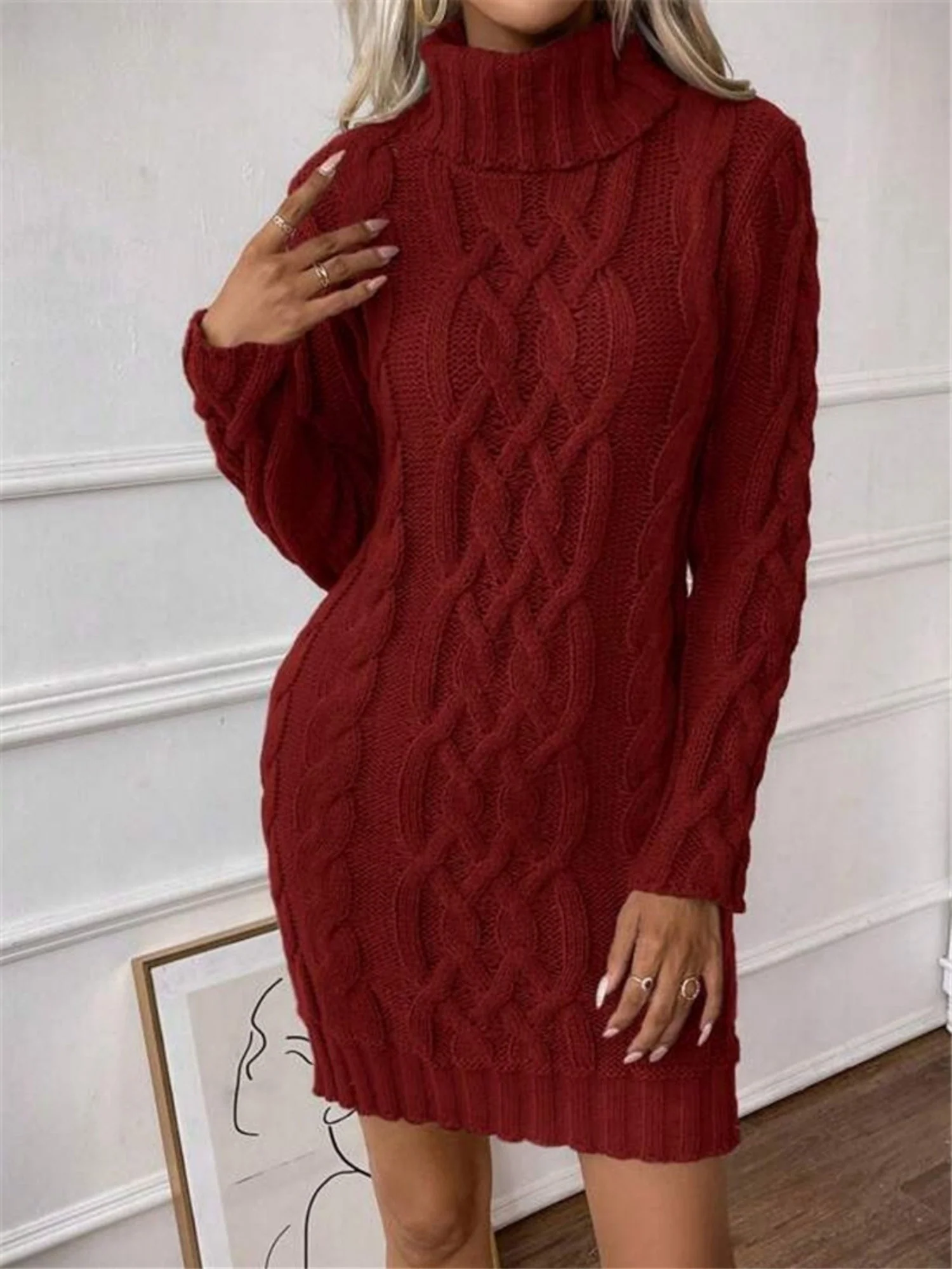 Twisted Thread Turtleneck Knitted Sweaters Midi Dresses - Image 9