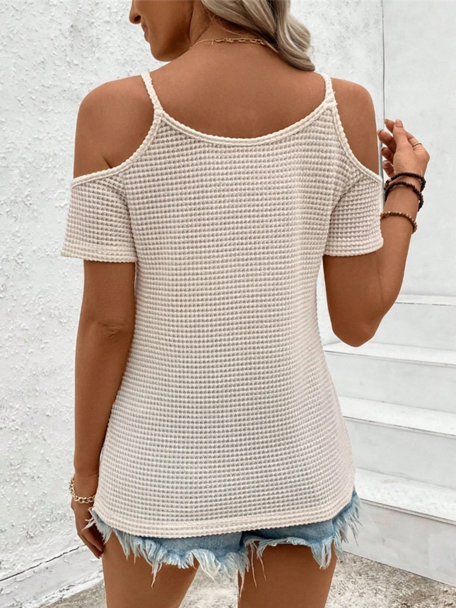 Crochet Splicing Cutout Off-shoulder Knitted T-shirt - Image 2