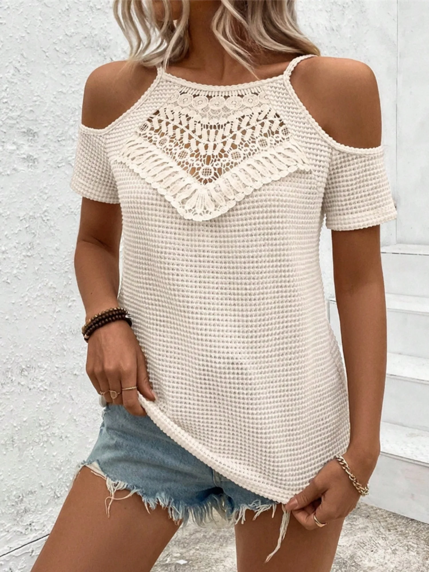 Crochet Splicing Cutout Off-shoulder Knitted T-shirt - Image 3