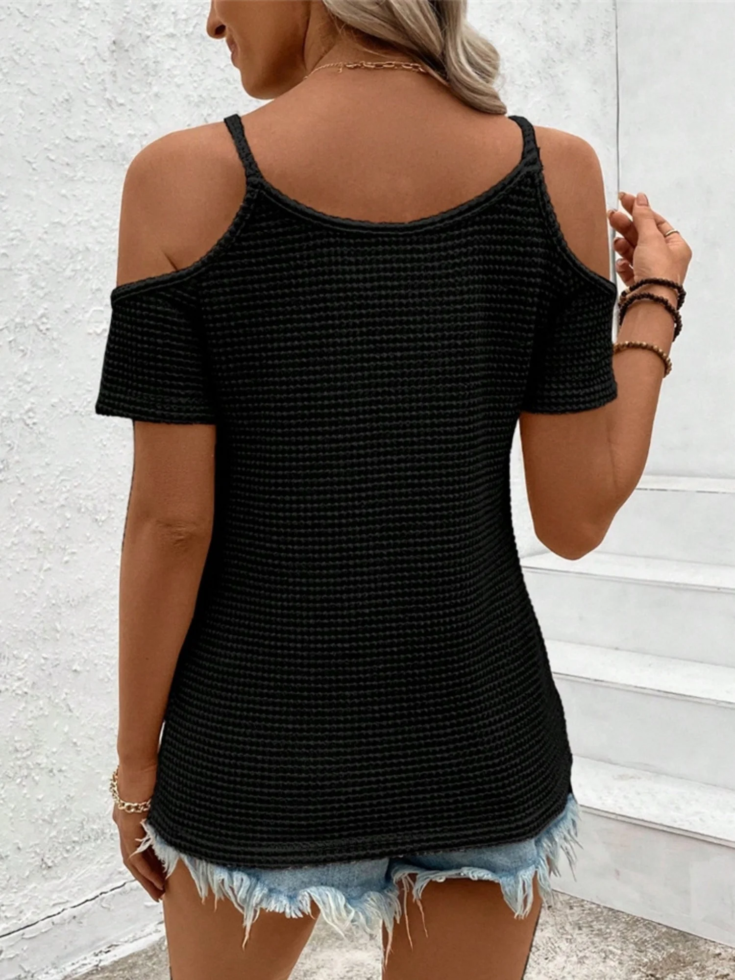 Crochet Splicing Cutout Off-shoulder Knitted T-shirt - Image 5