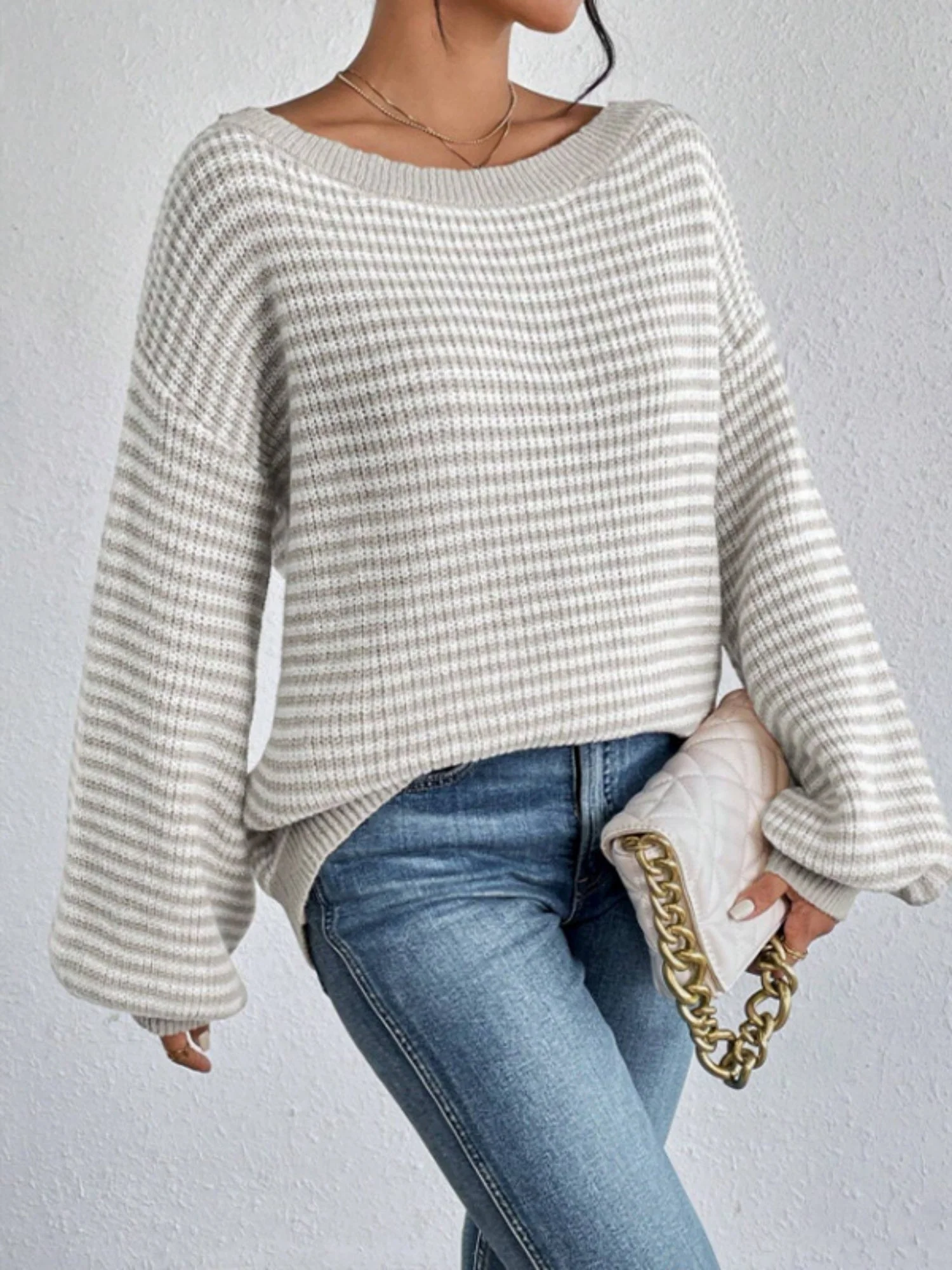 Stripes Off-the-shoulder Neckline Color Matching Knitted Sweater - Image 8