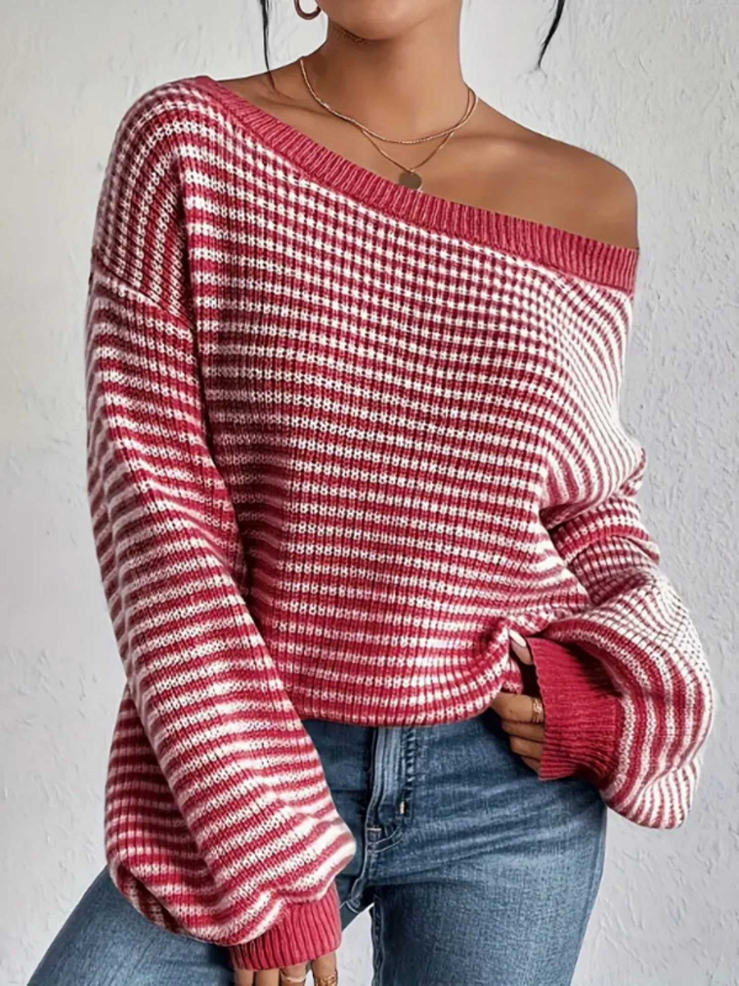 Stripes Off-the-shoulder Neckline Color Matching Knitted Sweater - Image 9