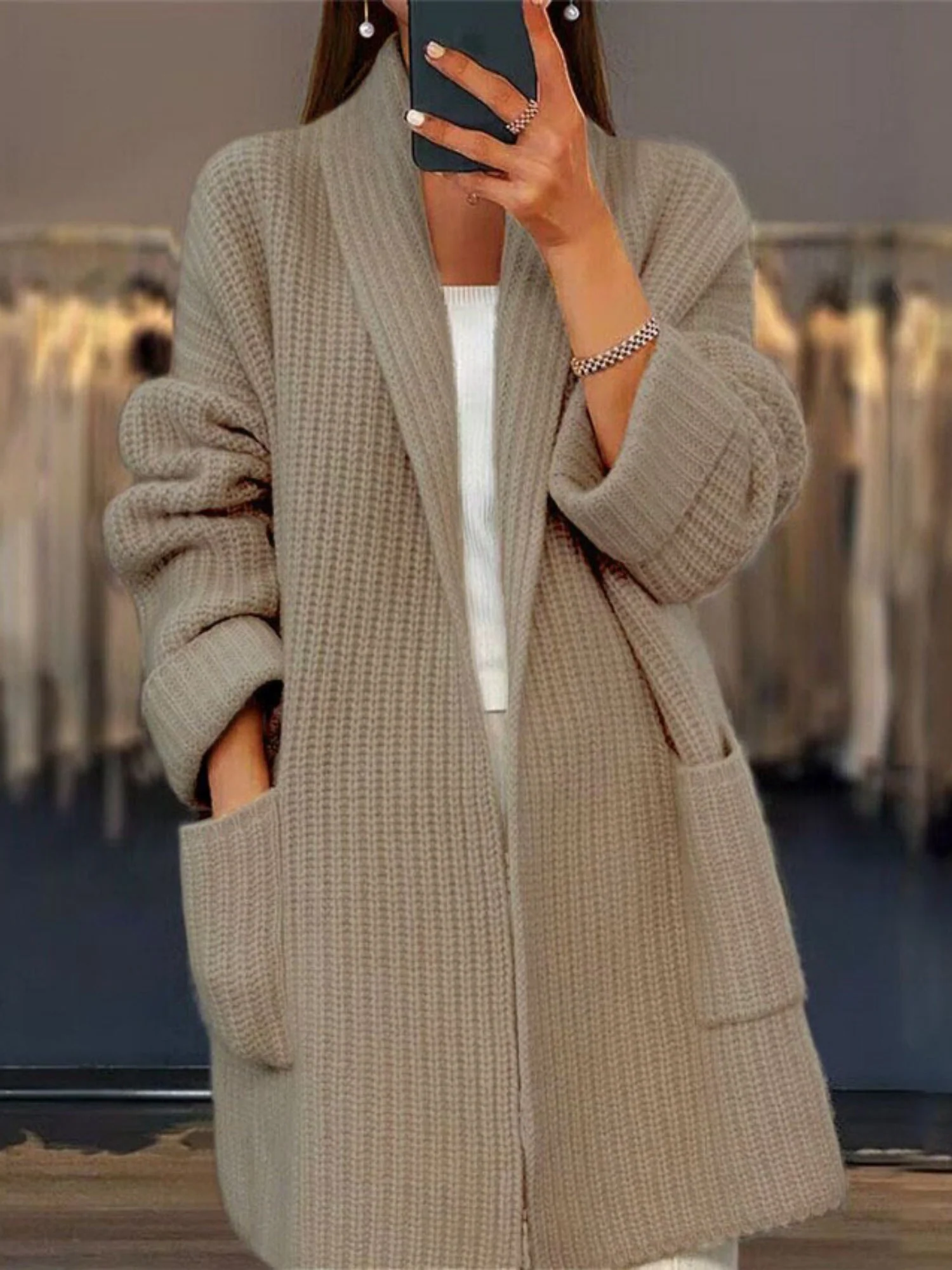 V-neck Pocket Thickened Fleece-lined Cardigans - Image 3