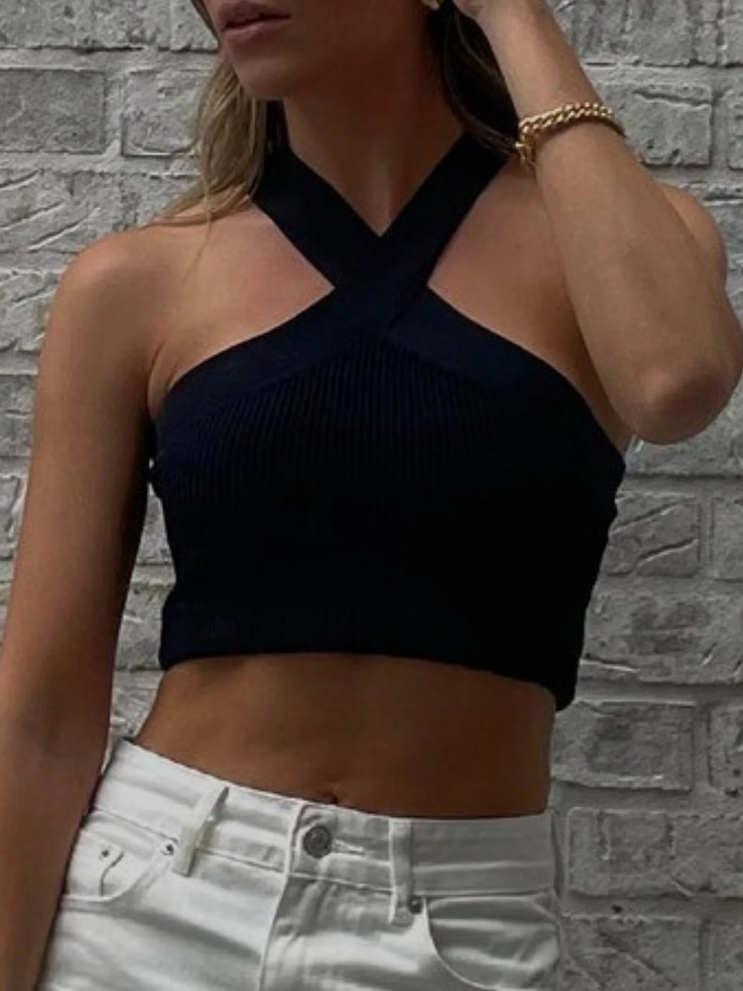 Cross-neck Sleeveless Tights Knitted Vest - Image 9