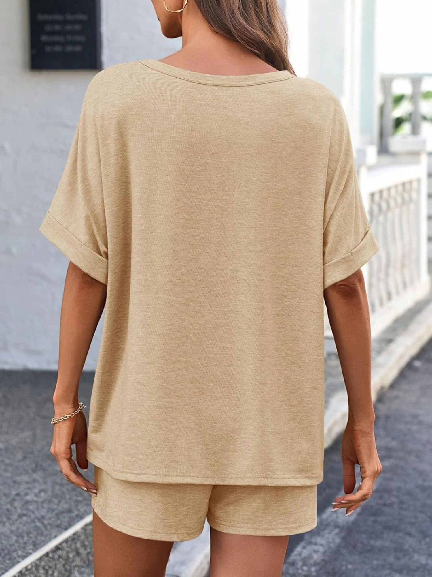 Batwing Sleeve T-shirt Drawstring Shorts Pocket Sportswear 2-piece Sets - Image 2
