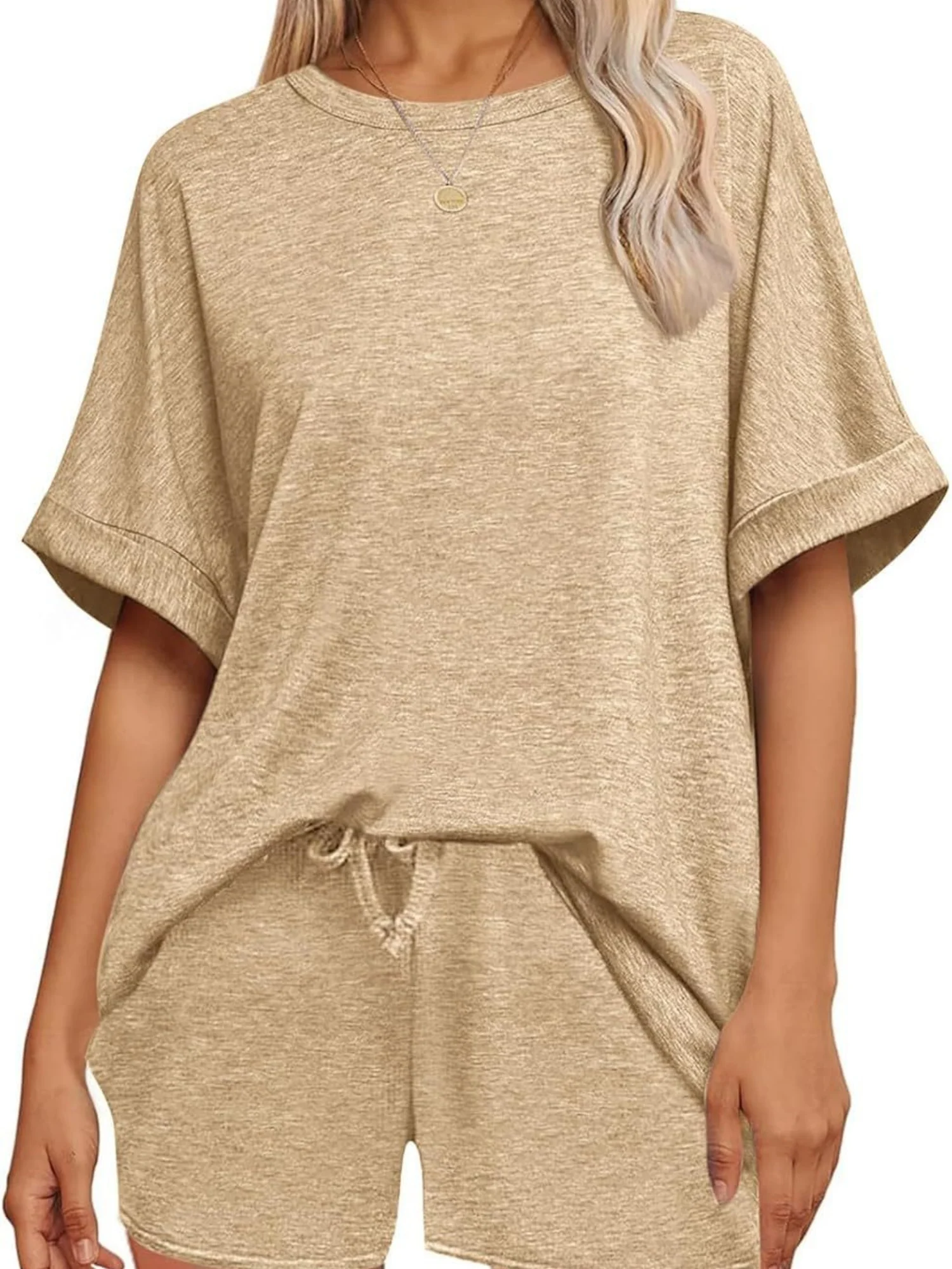 Batwing Sleeve T-shirt Drawstring Shorts Pocket Sportswear 2-piece Sets - Image 3