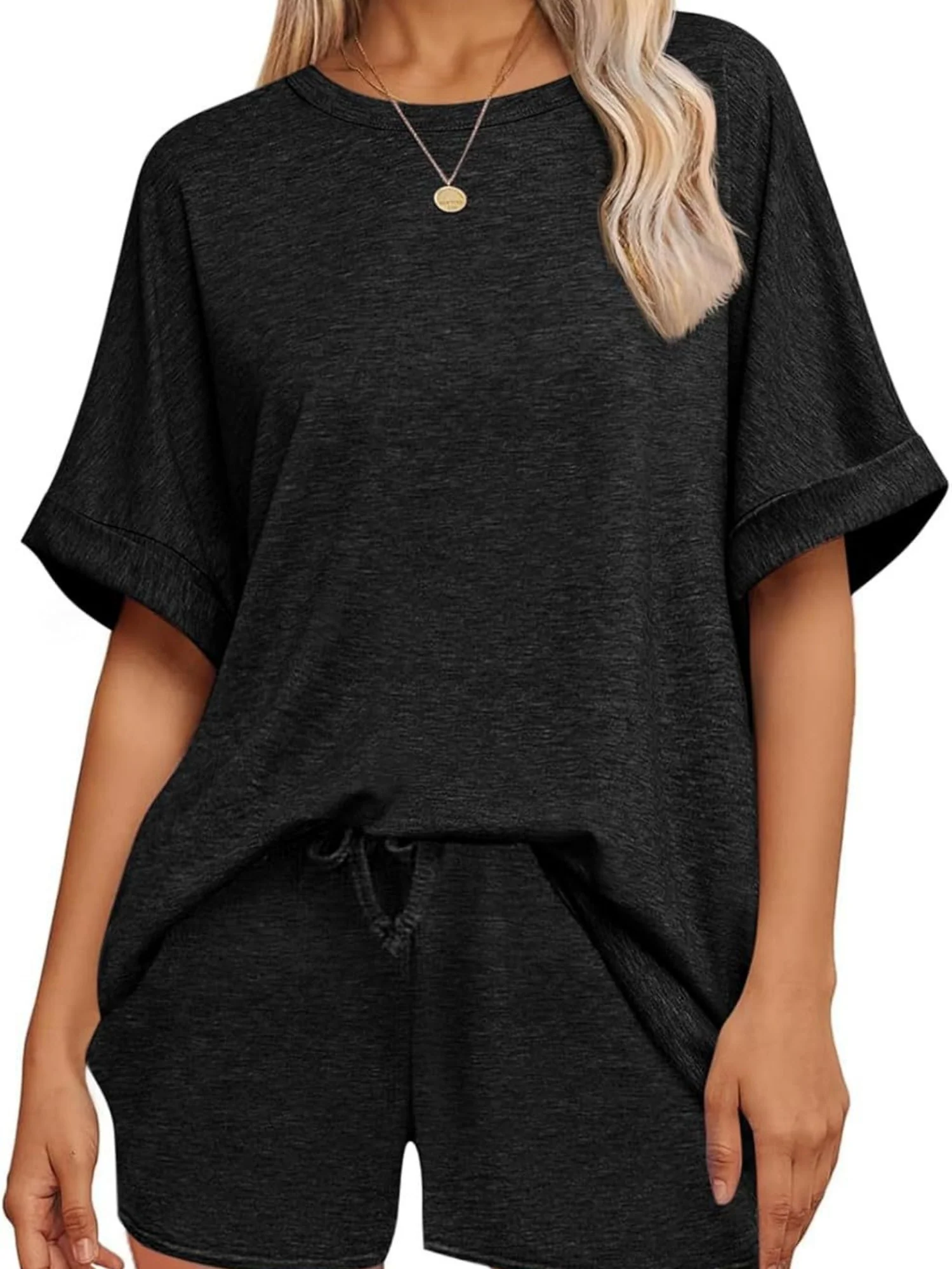 Batwing Sleeve T-shirt Drawstring Shorts Pocket Sportswear 2-piece Sets - Image 4