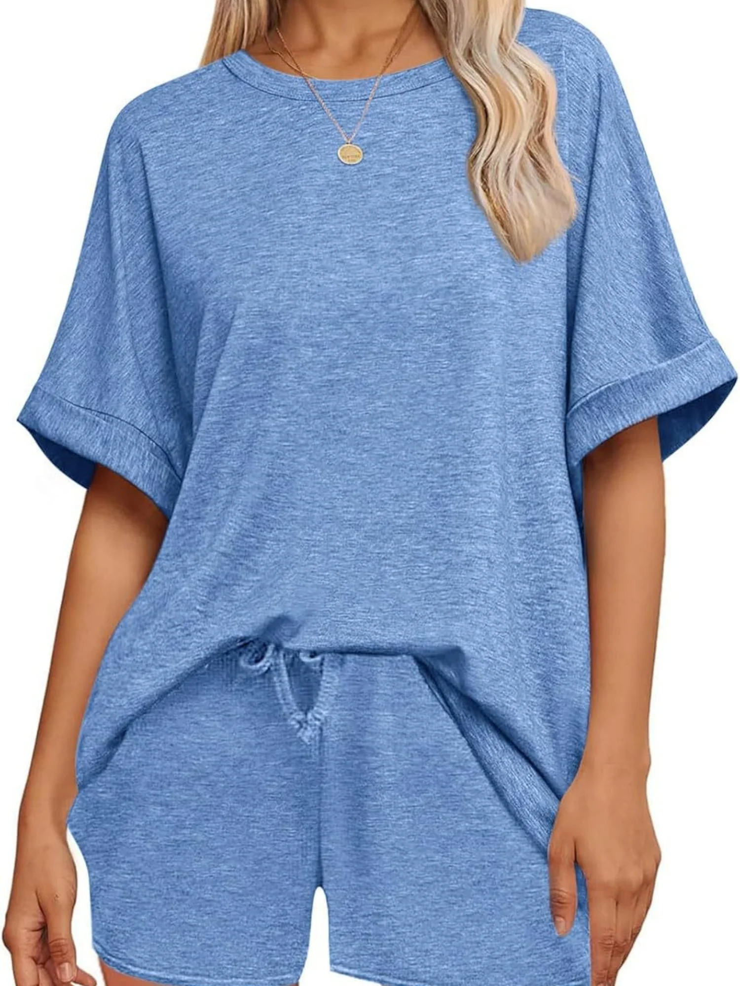 Batwing Sleeve T-shirt Drawstring Shorts Pocket Sportswear 2-piece Sets - Image 5