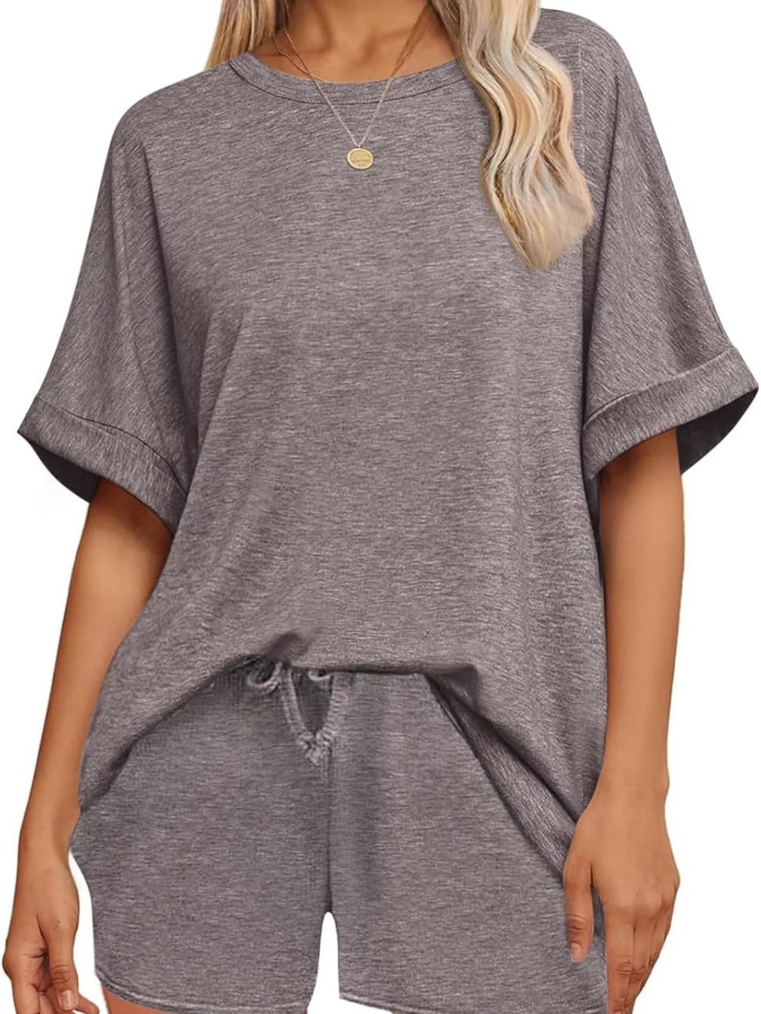 Batwing Sleeve T-shirt Drawstring Shorts Pocket Sportswear 2-piece Sets - Image 6