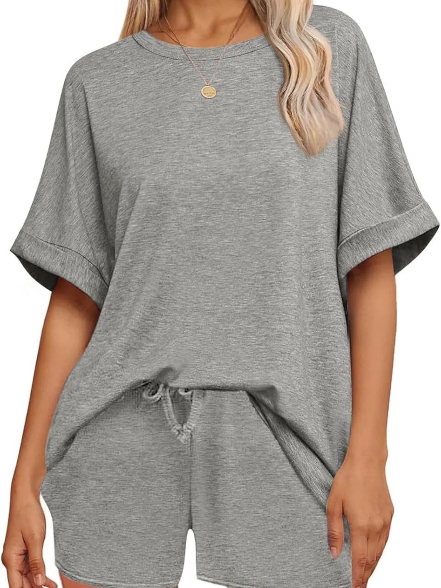 Batwing Sleeve T-shirt Drawstring Shorts Pocket Sportswear 2-piece Sets - Image 7