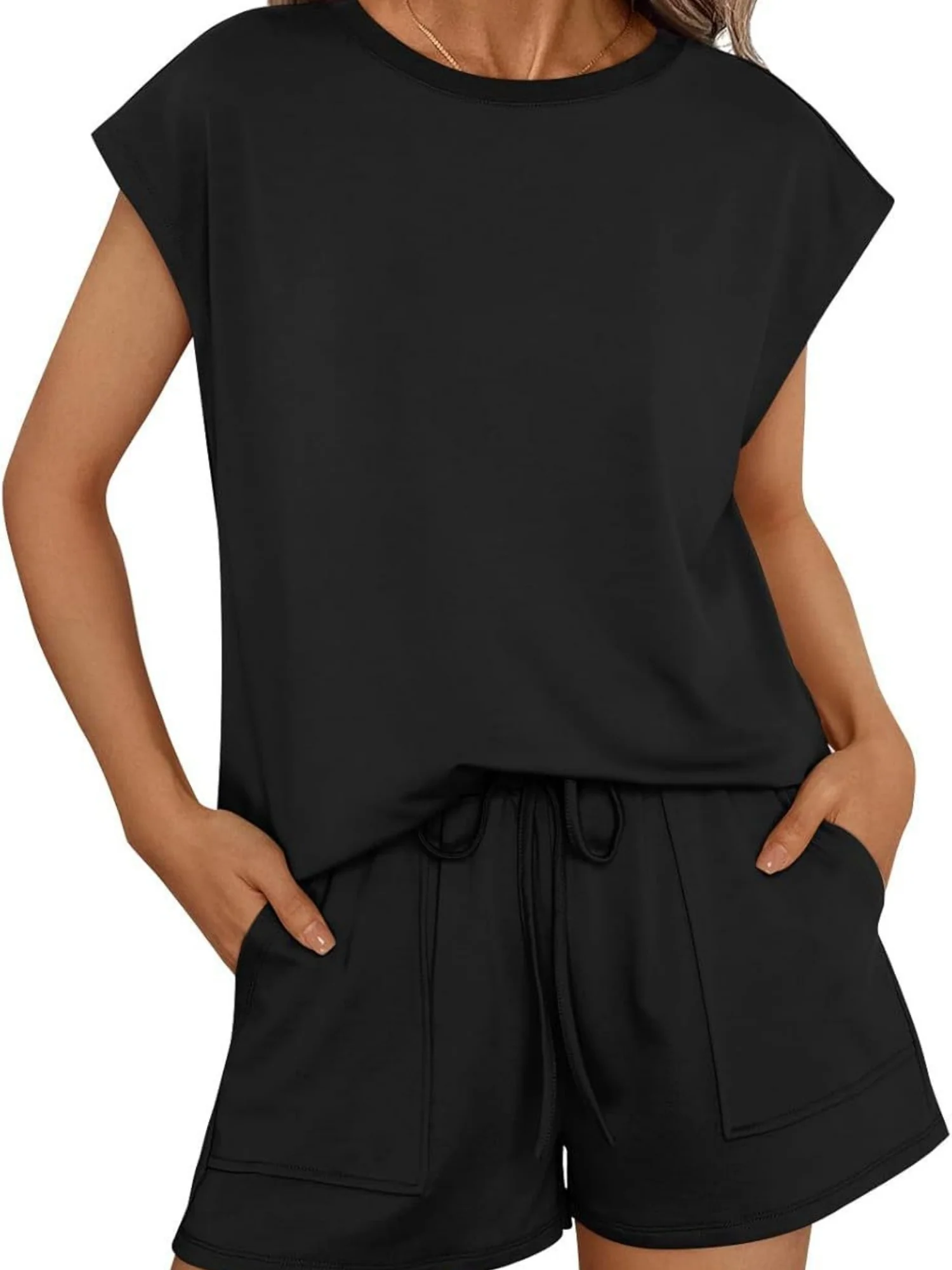 Round Neck Loose Short Sleeve Strappy Pocket Shorts Sports And Leisure 2-piece Sets - Image 4