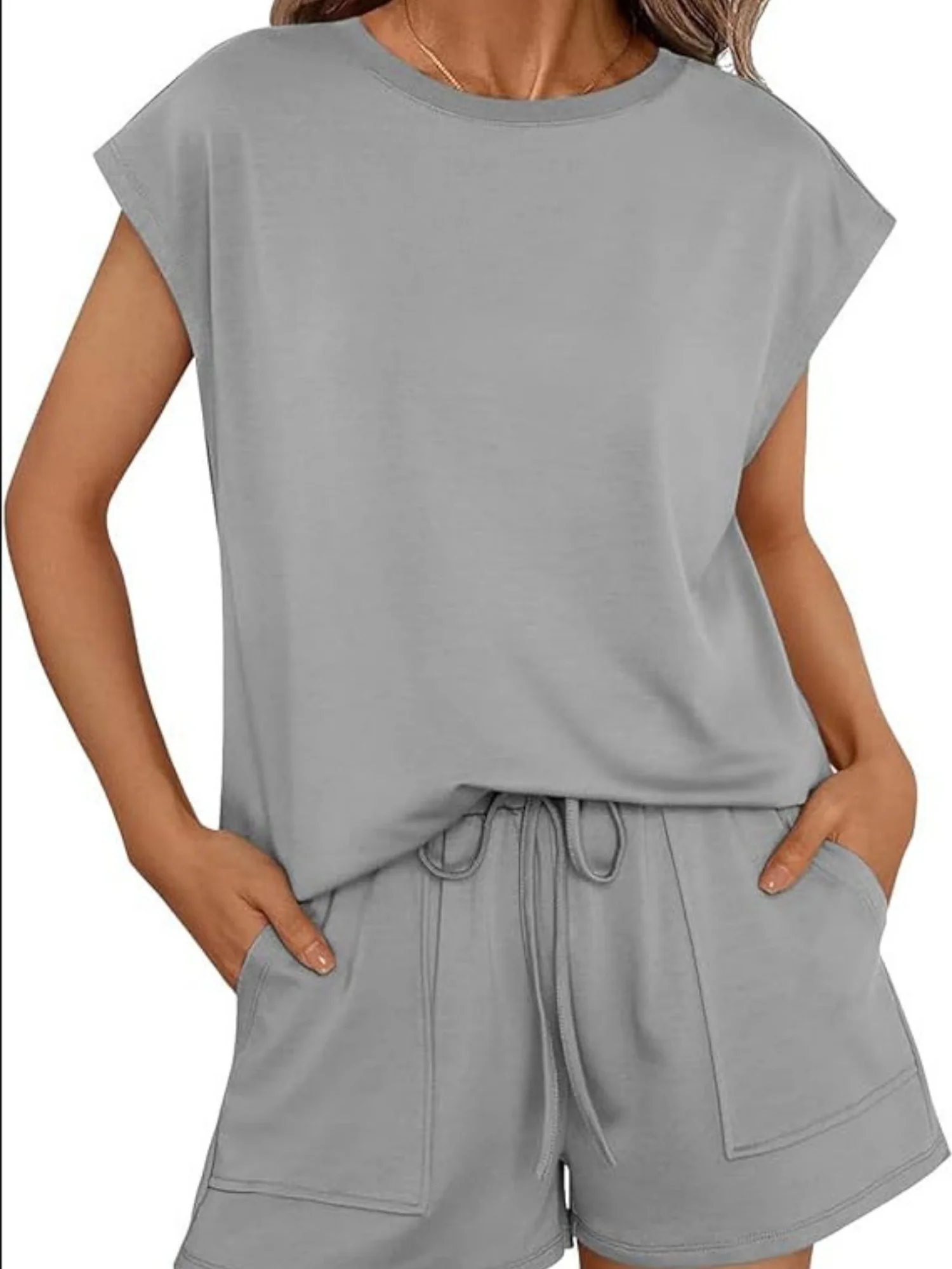 Round Neck Loose Short Sleeve Strappy Pocket Shorts Sports And Leisure 2-piece Sets - Image 5