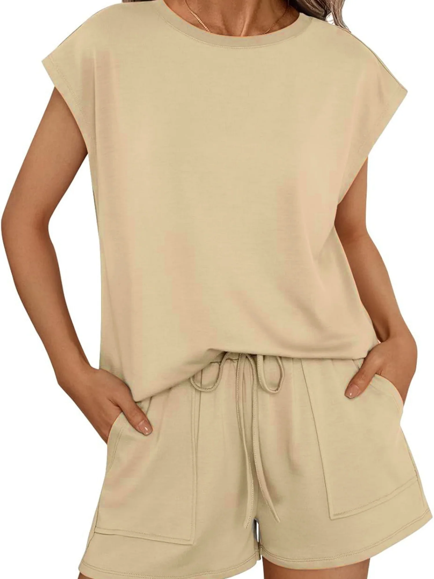 Round Neck Loose Short Sleeve Strappy Pocket Shorts Sports And Leisure 2-piece Sets - Image 6