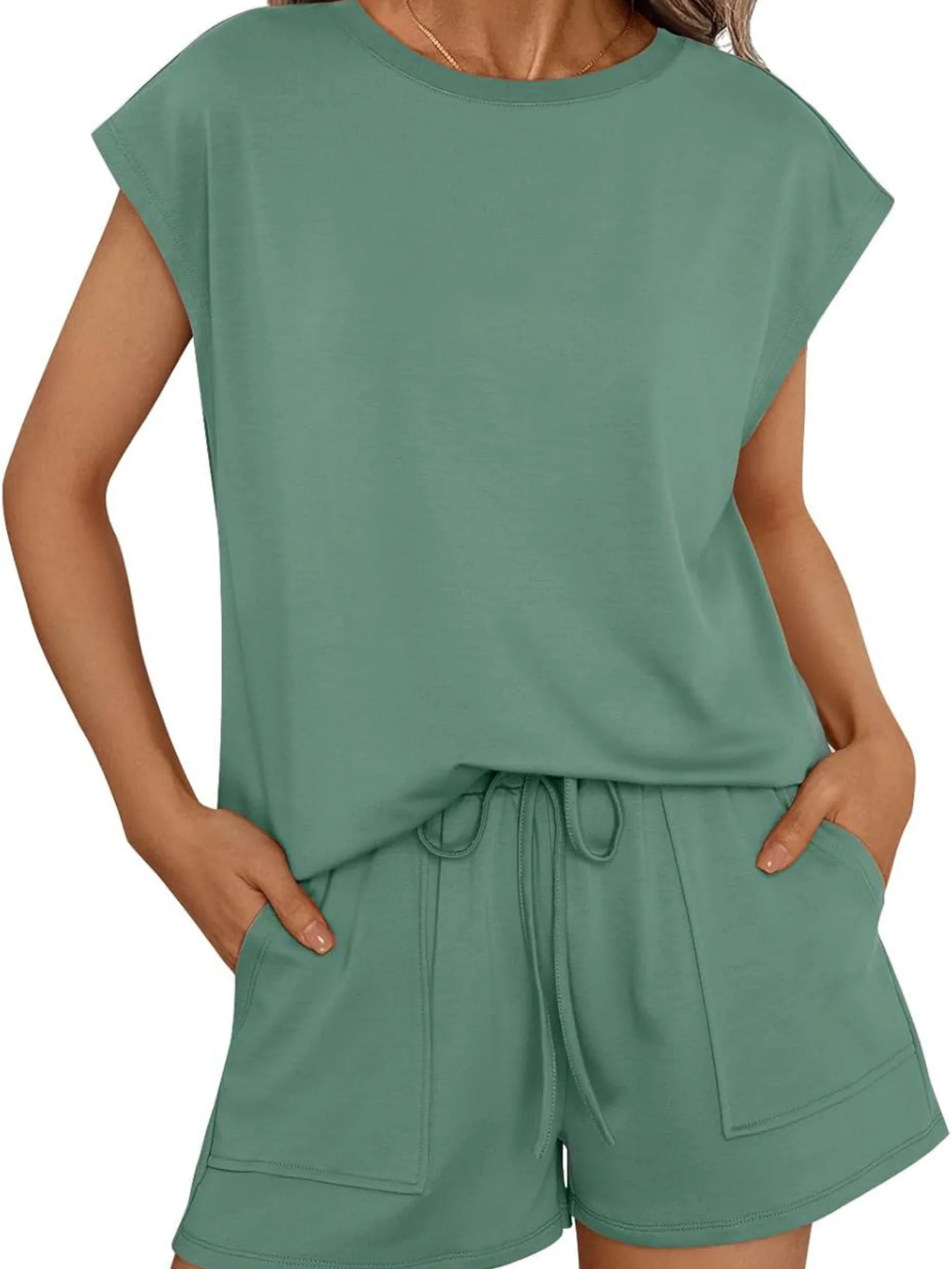Round Neck Loose Short Sleeve Strappy Pocket Shorts Sports And Leisure 2-piece Sets - Image 7