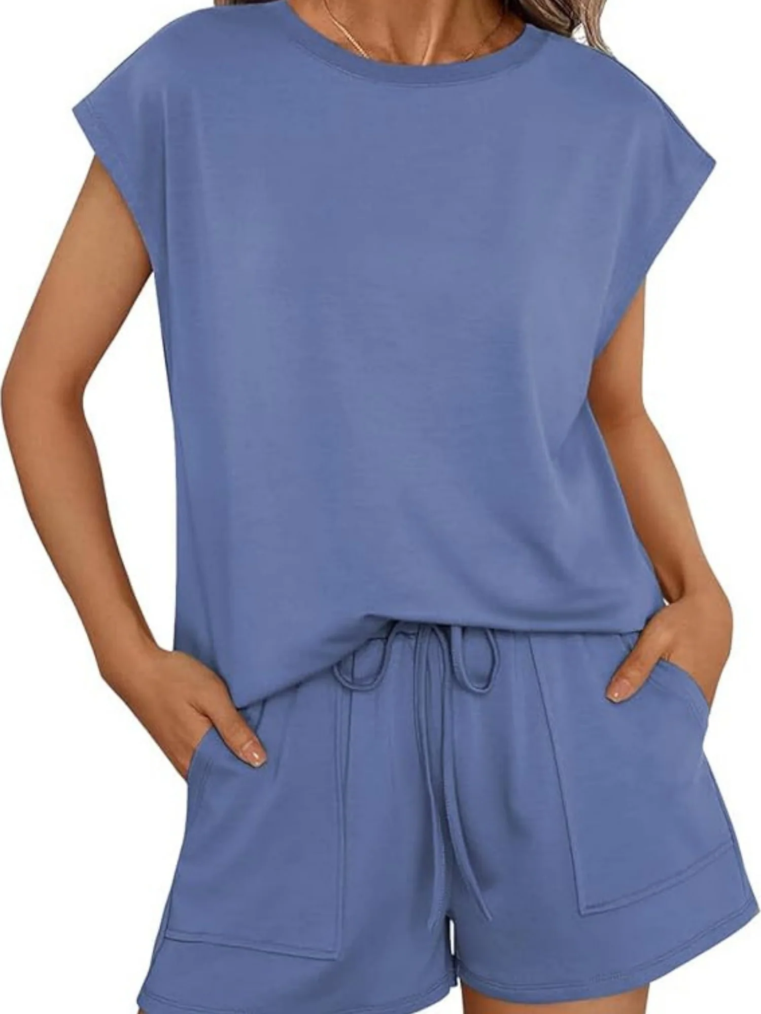 Round Neck Loose Short Sleeve Strappy Pocket Shorts Sports And Leisure 2-piece Sets - Image 8