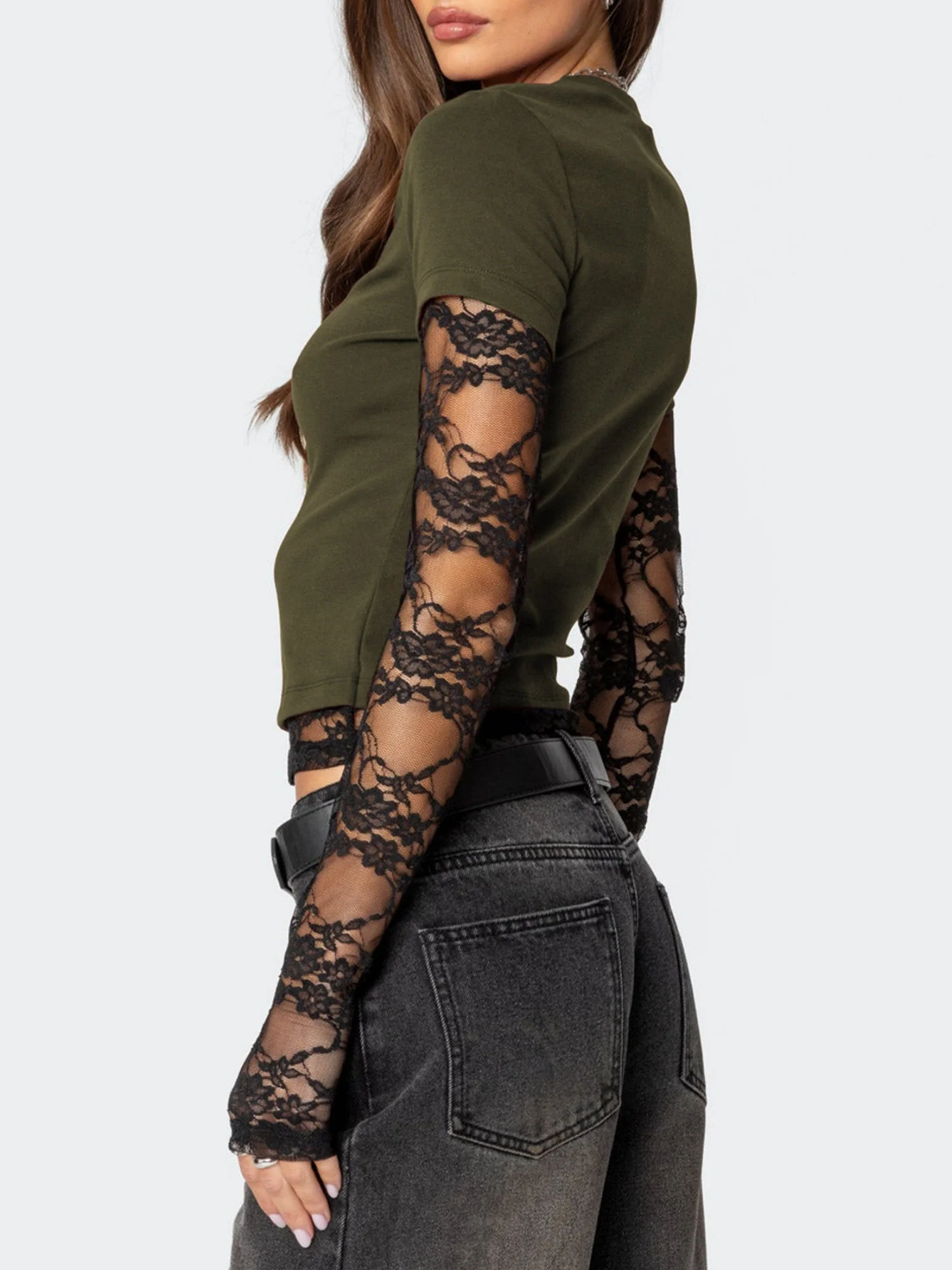Lace Patchwork Layered-look Long-sleeved Crew Neck T-shirts - Image 2