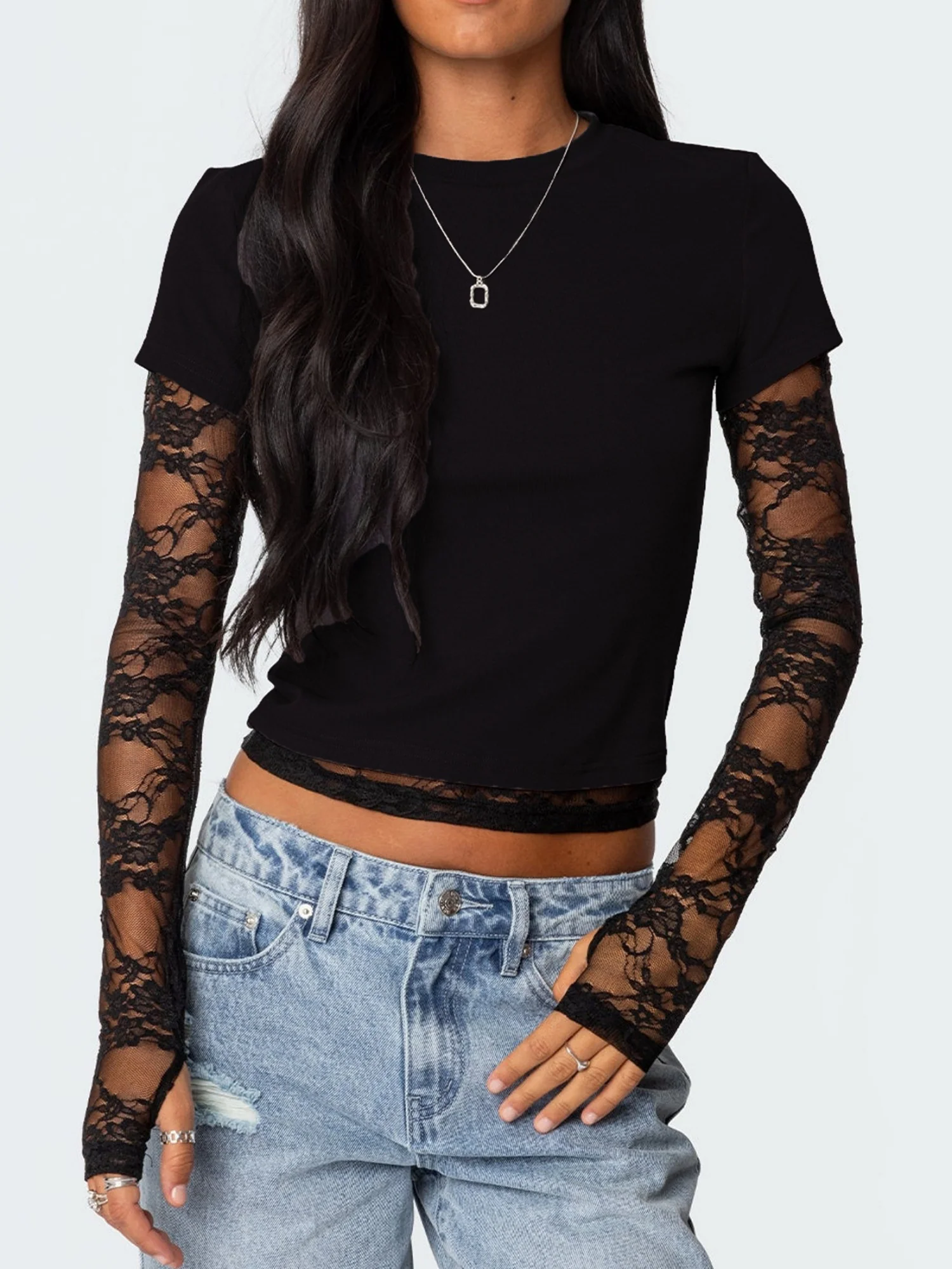 Lace Patchwork Layered-look Long-sleeved Crew Neck T-shirts - Image 4