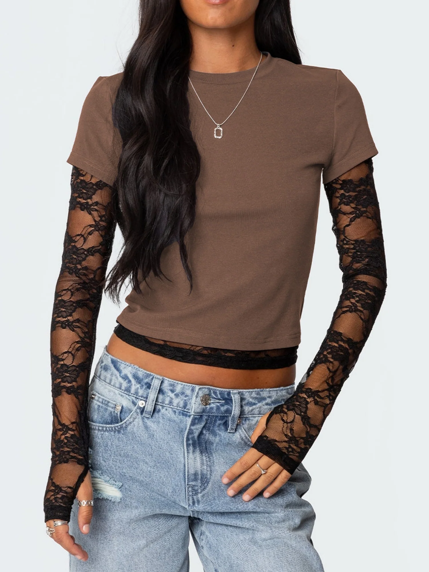 Lace Patchwork Layered-look Long-sleeved Crew Neck T-shirts - Image 6