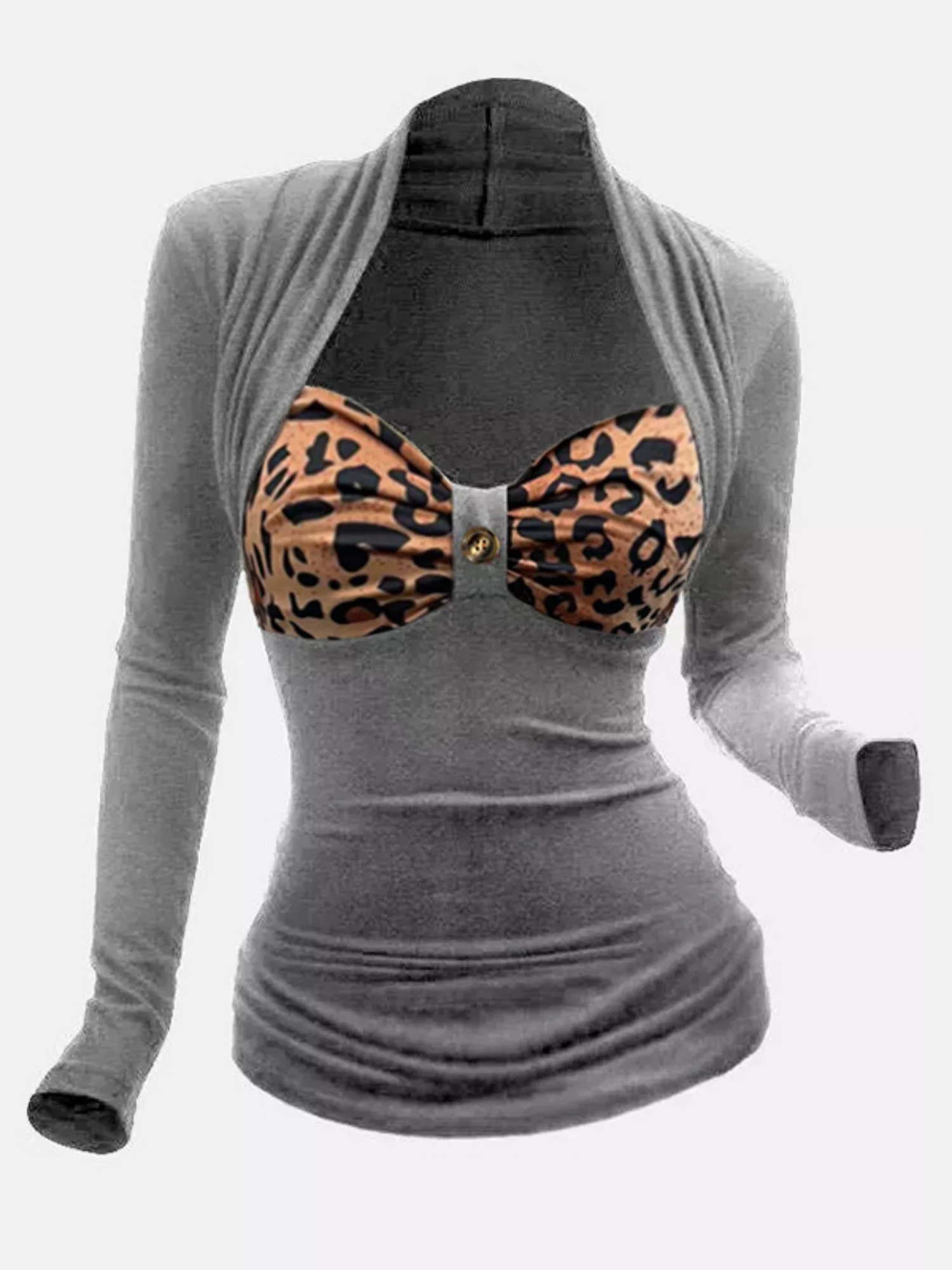 Leopard Print Patchwork U-neck Long-sleeved T-shirt - Image 2