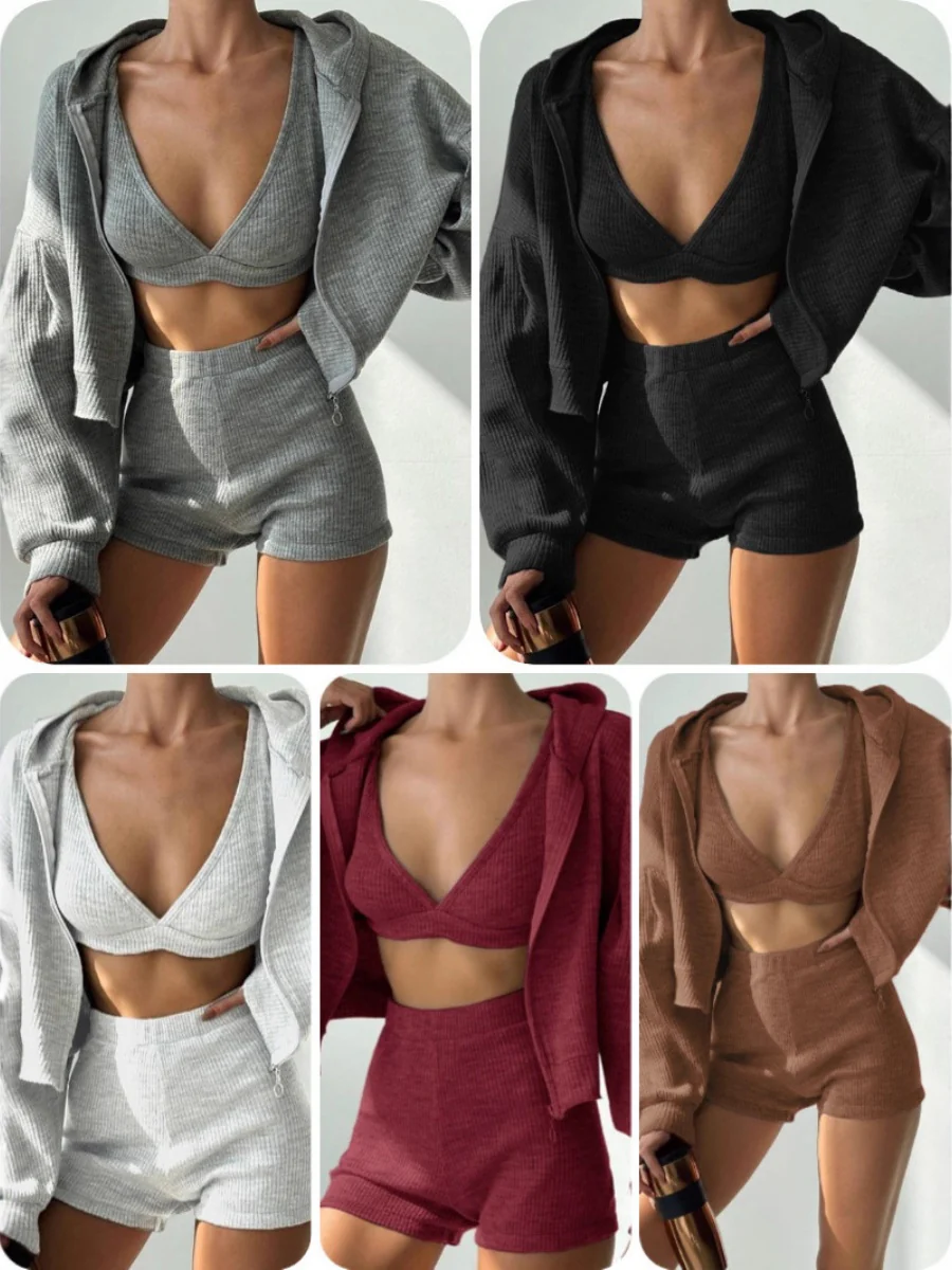 Coat Tank Tops Cropped Sports Zipper Solid Color 3-piece Sets - Image 2