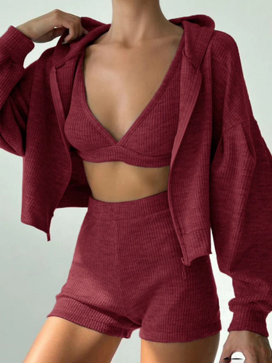 Coat Tank Tops Cropped Sports Zipper Solid Color 3-piece Sets - Image 7