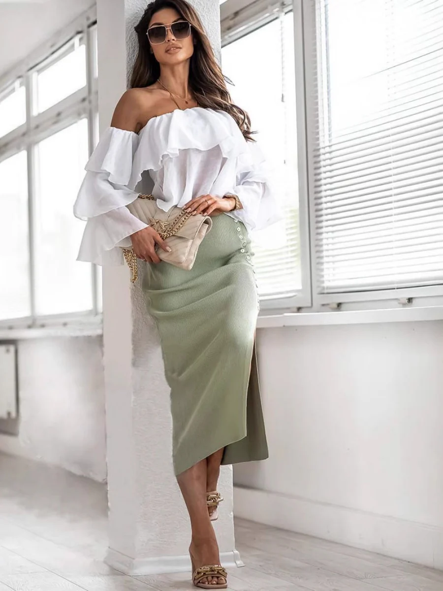 Rib Slits Buttons Skirts - Image 2