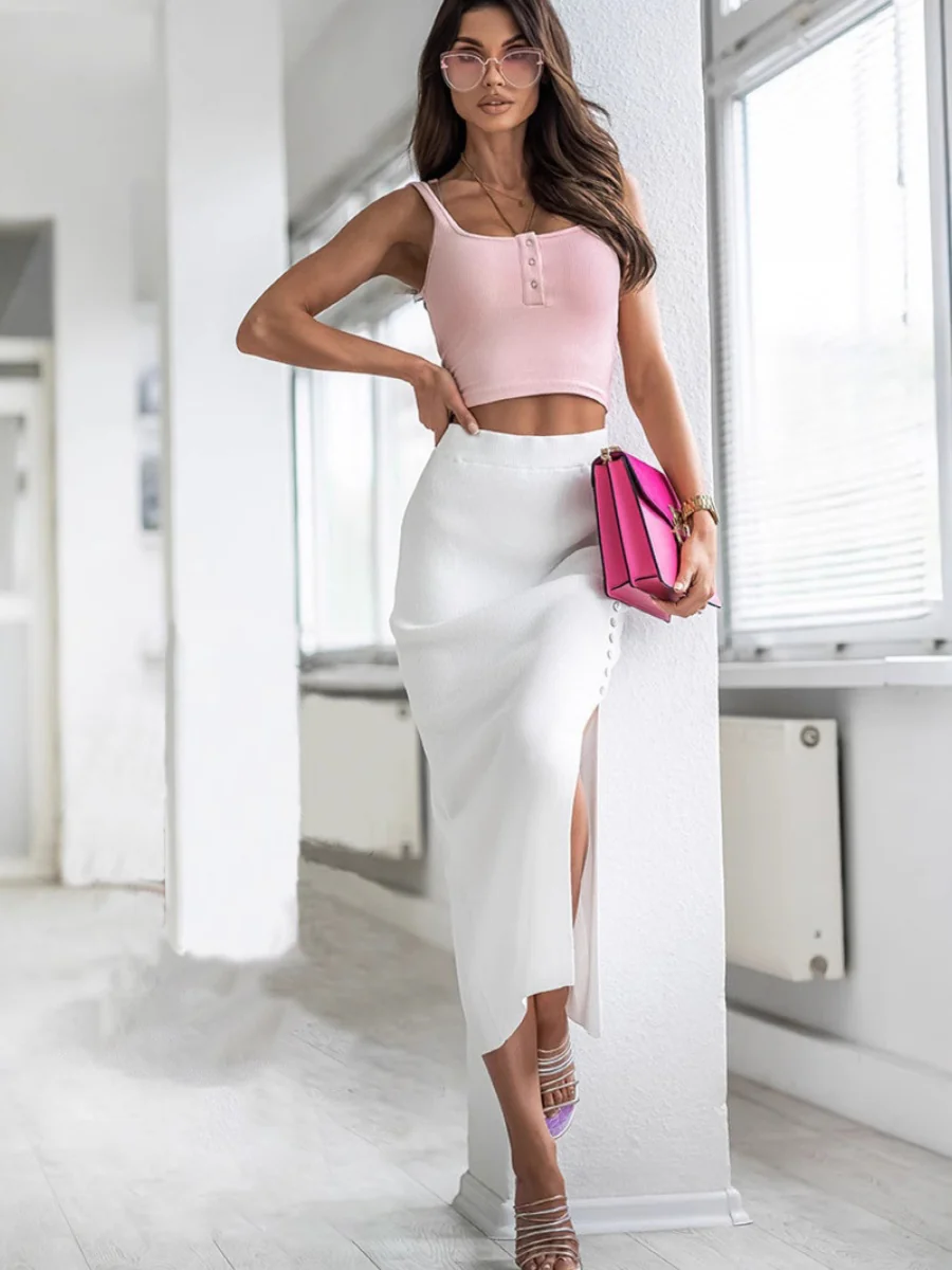 Rib Slits Buttons Skirts - Image 3