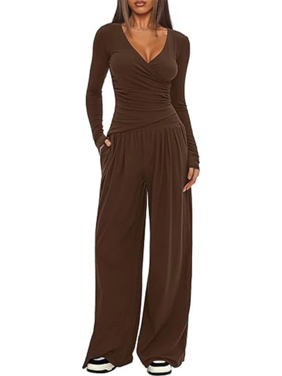 Long Sleeve V-neck T-shirt Loose-fit Wide-leg Pants Leisure 2-piece Sets - Image 10