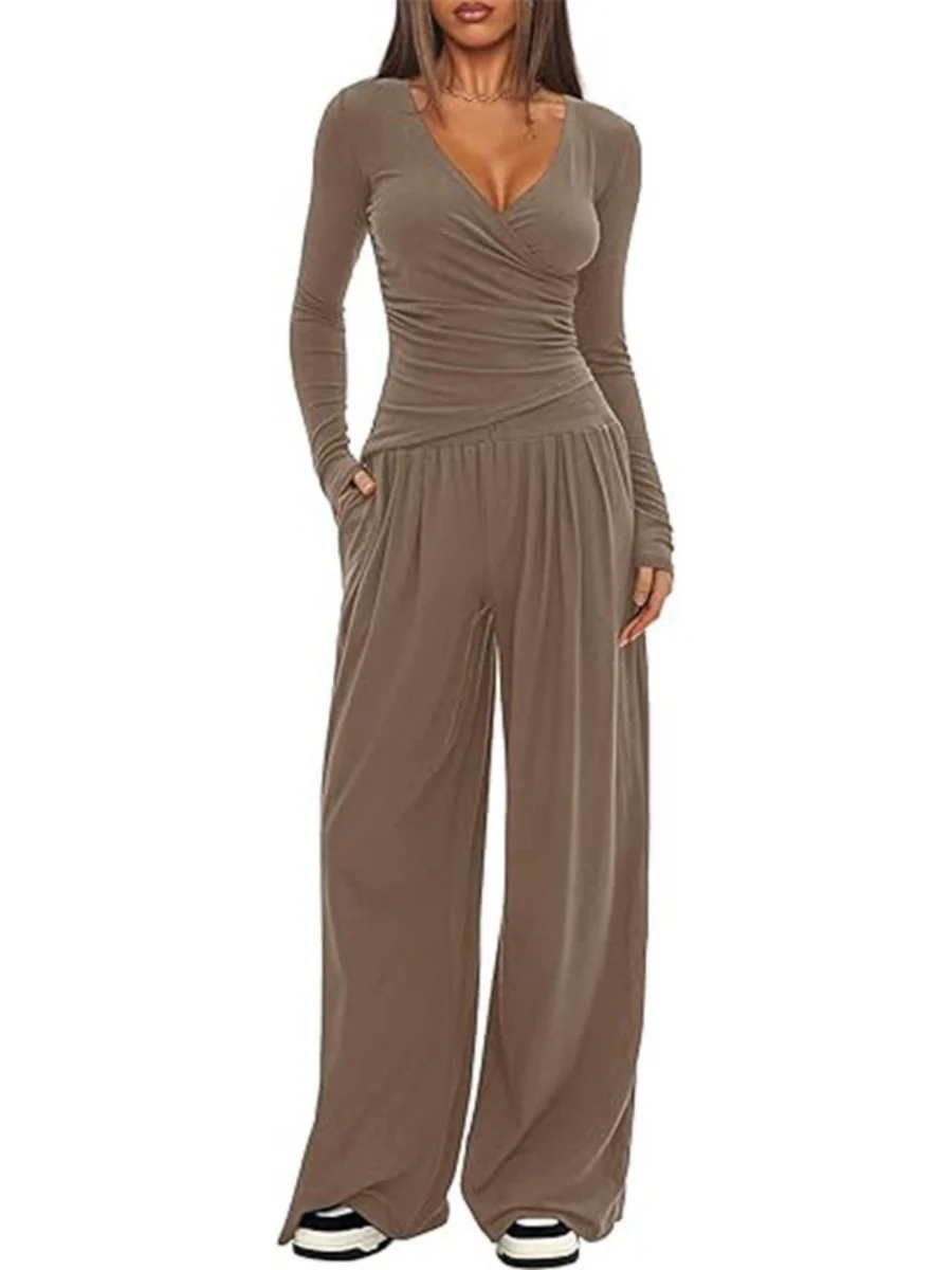 Long Sleeve V-neck T-shirt Loose-fit Wide-leg Pants Leisure 2-piece Sets - Image 14