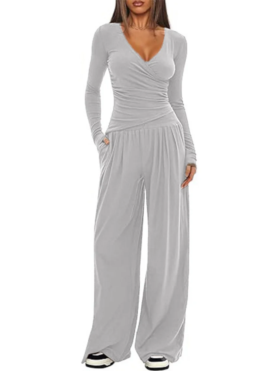 Long Sleeve V-neck T-shirt Loose-fit Wide-leg Pants Leisure 2-piece Sets - Image 16