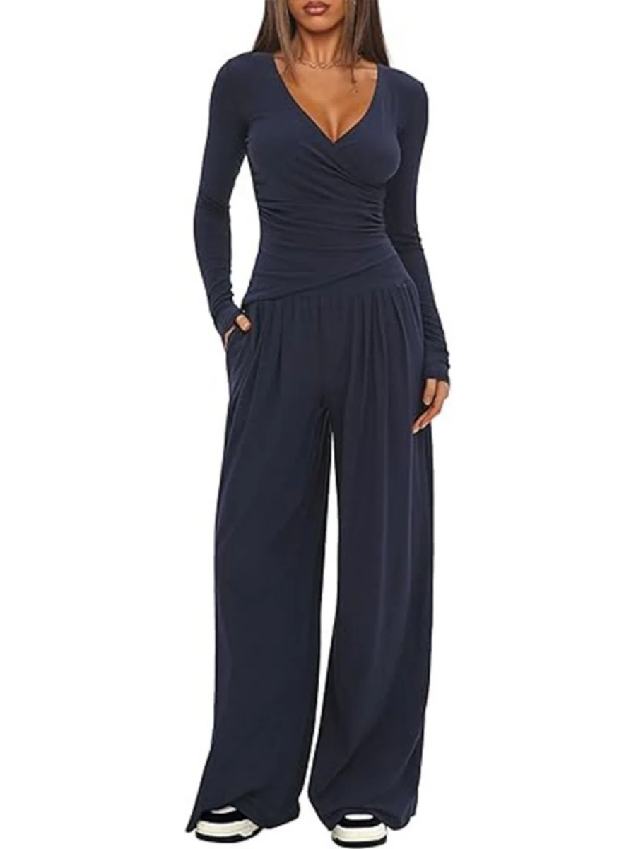 Long Sleeve V-neck T-shirt Loose-fit Wide-leg Pants Leisure 2-piece Sets - Image 2
