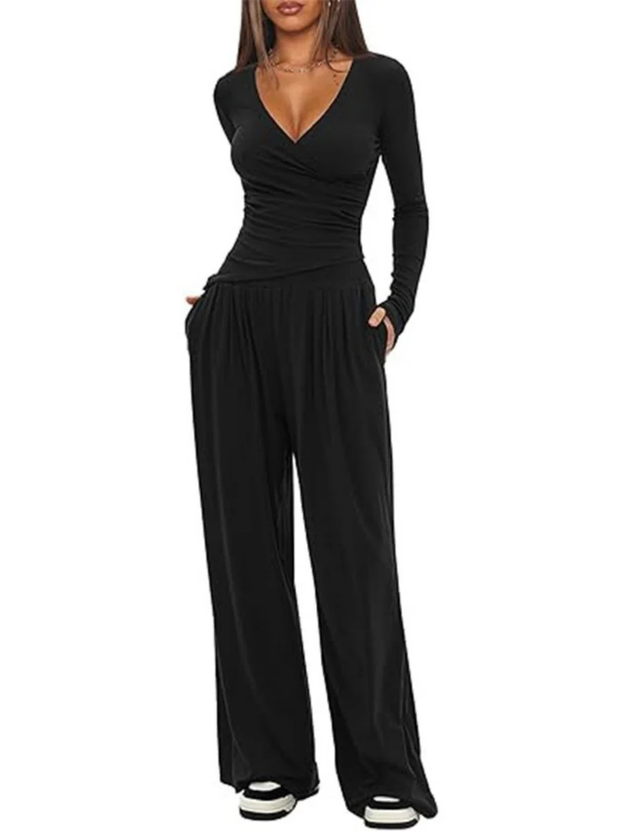 Long Sleeve V-neck T-shirt Loose-fit Wide-leg Pants Leisure 2-piece Sets - Image 6