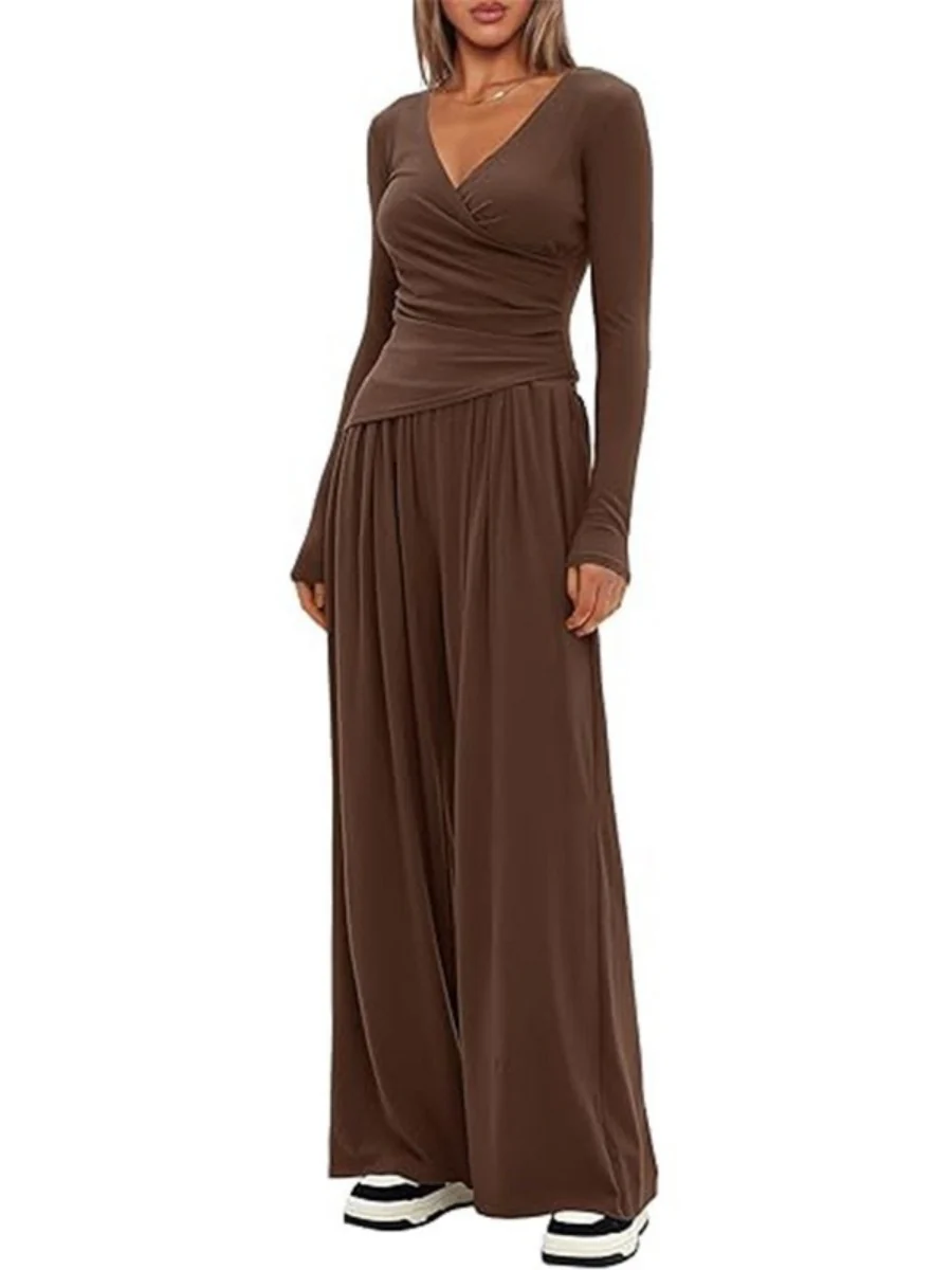 Long Sleeve V-neck T-shirt Loose-fit Wide-leg Pants Leisure 2-piece Sets - Image 8