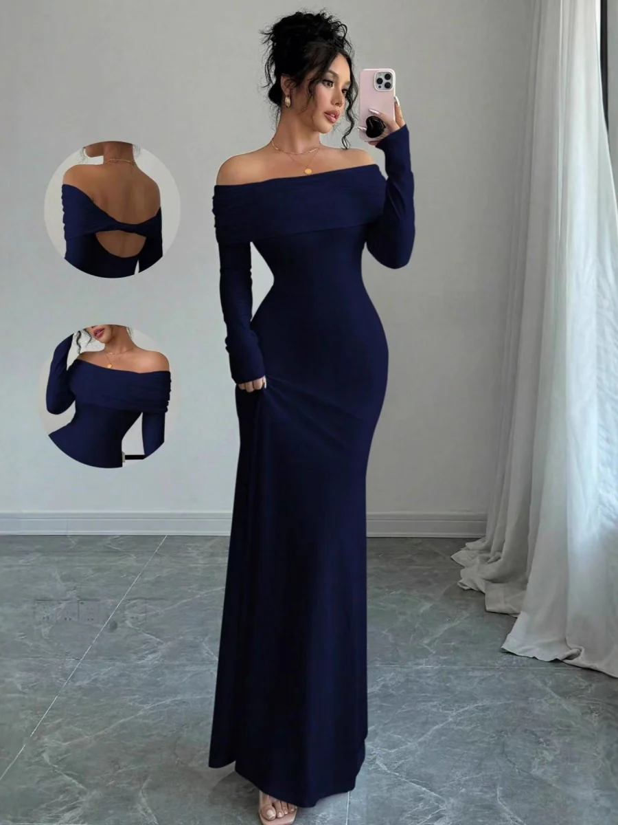 Off Shoulder Hip-hugging Backless Kink Maxi Dresses - Image 2