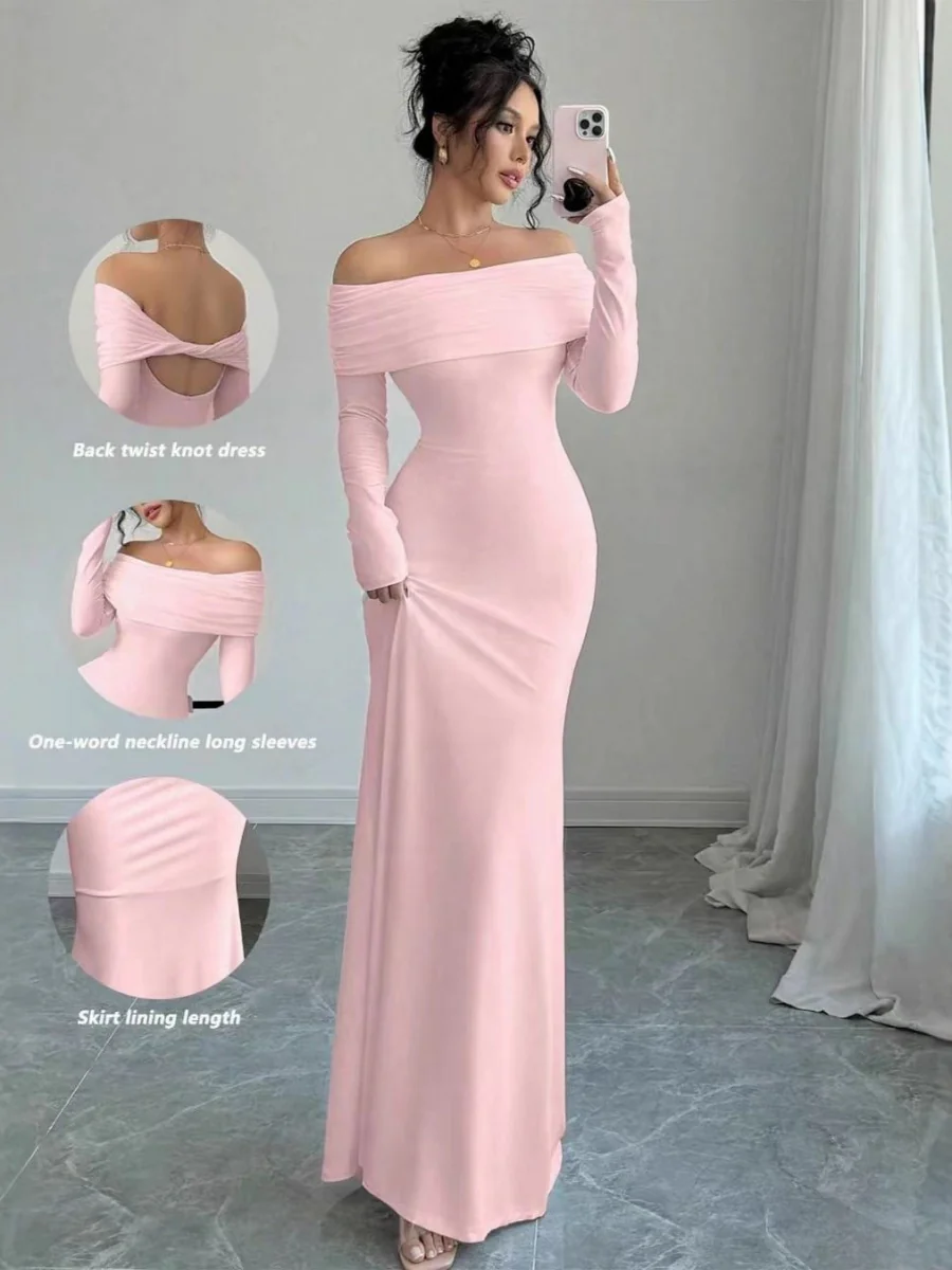 Off Shoulder Hip-hugging Backless Kink Maxi Dresses - Image 3