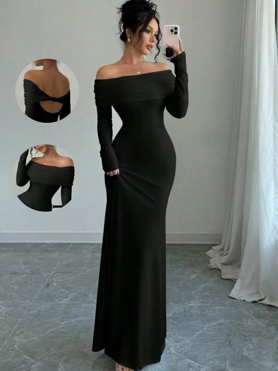 Off Shoulder Hip-hugging Backless Kink Maxi Dresses - Image 4