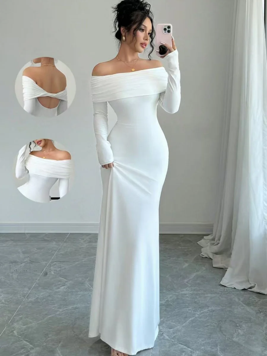Off Shoulder Hip-hugging Backless Kink Maxi Dresses - Image 5