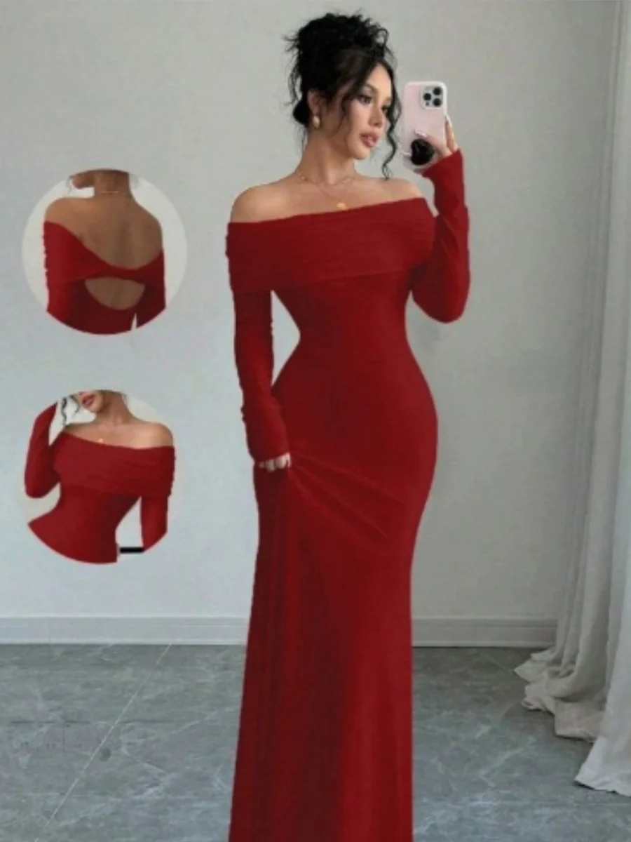 Off Shoulder Hip-hugging Backless Kink Maxi Dresses - Image 6