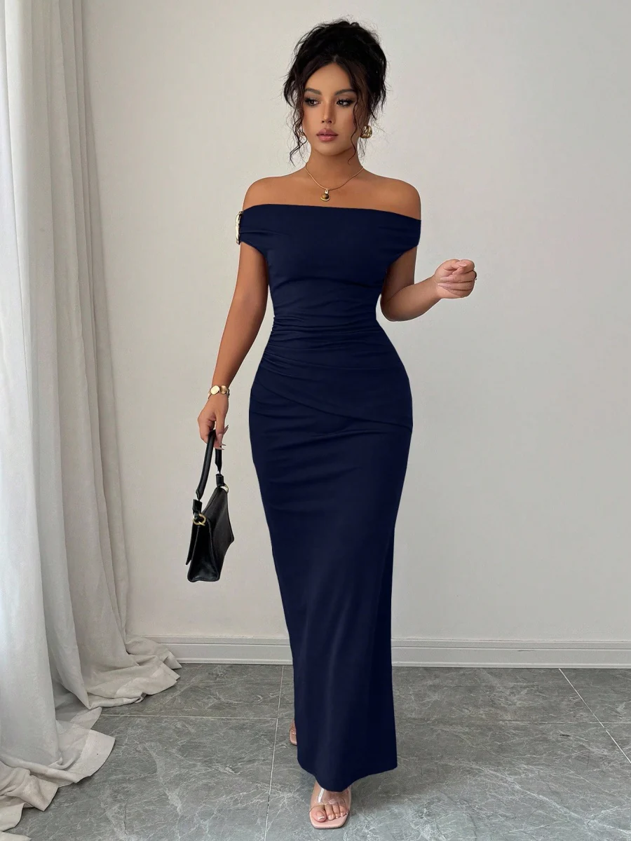 Off-shoulder Off Shoulder Pleated Metal Buckle Maxi Dresses - Image 10