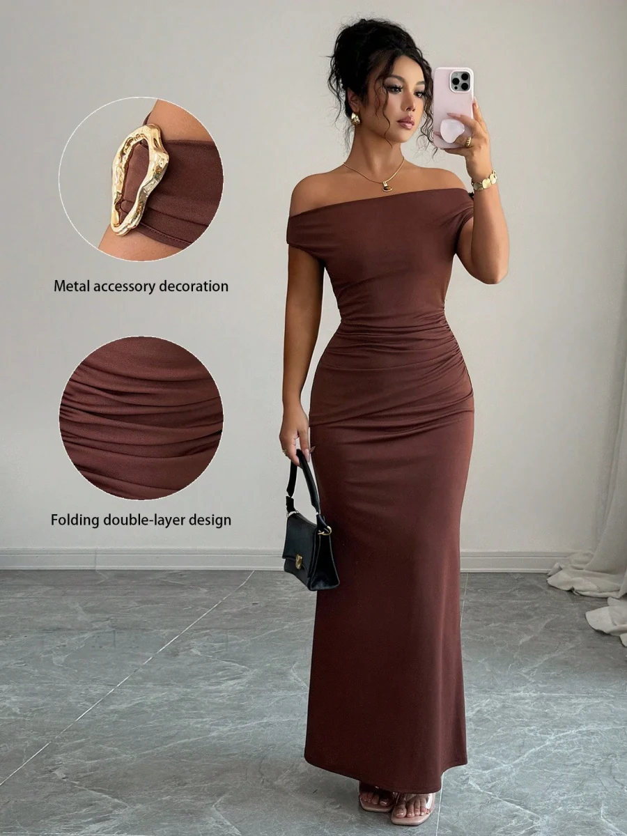 Off-shoulder Off Shoulder Pleated Metal Buckle Maxi Dresses - Image 15