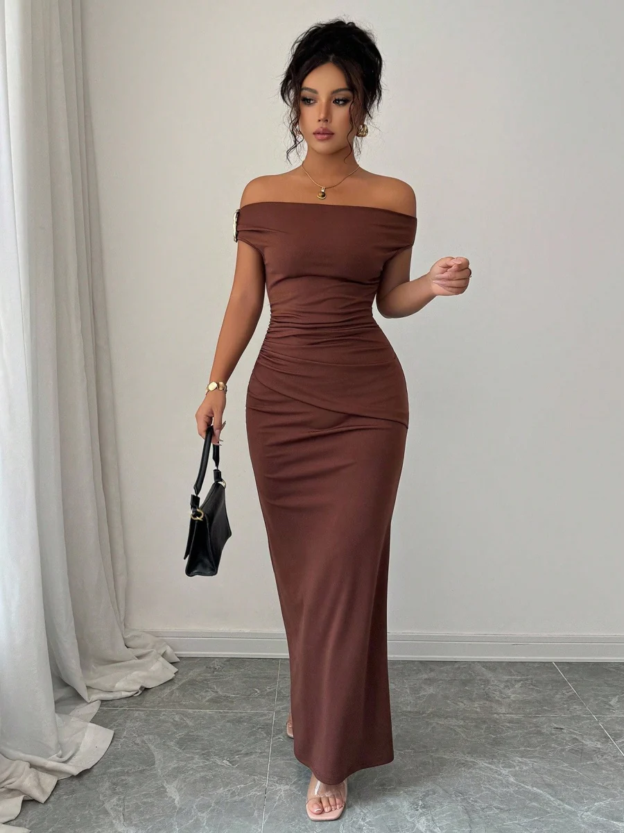 Off-shoulder Off Shoulder Pleated Metal Buckle Maxi Dresses - Image 18