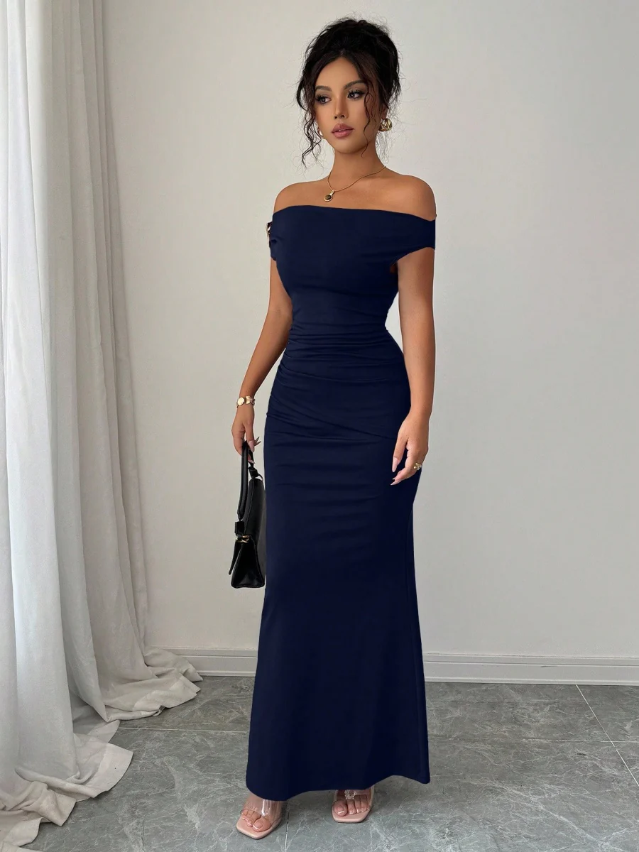 Off-shoulder Off Shoulder Pleated Metal Buckle Maxi Dresses - Image 7