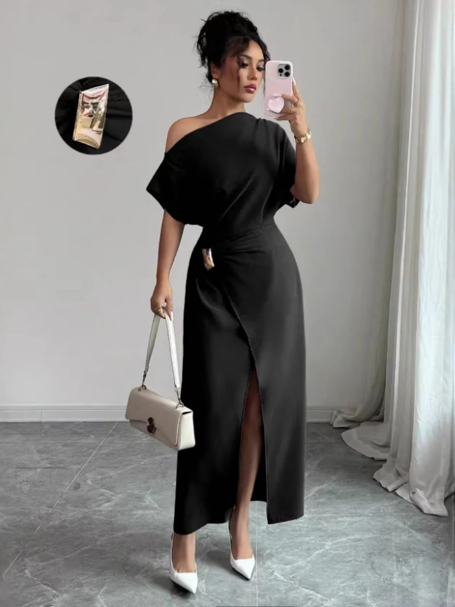 Off-shoulder Slit Commuting Maxi Dresses