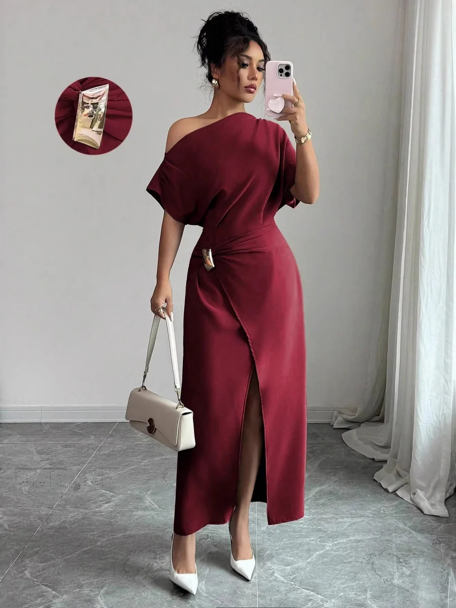 Off-shoulder Slit Commuting Maxi Dresses - Image 2