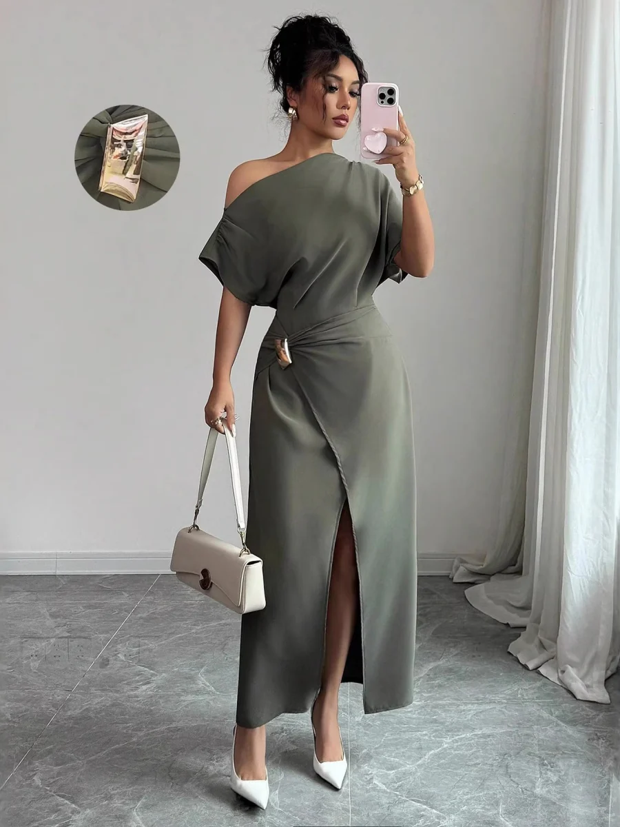 Off-shoulder Slit Commuting Maxi Dresses - Image 3