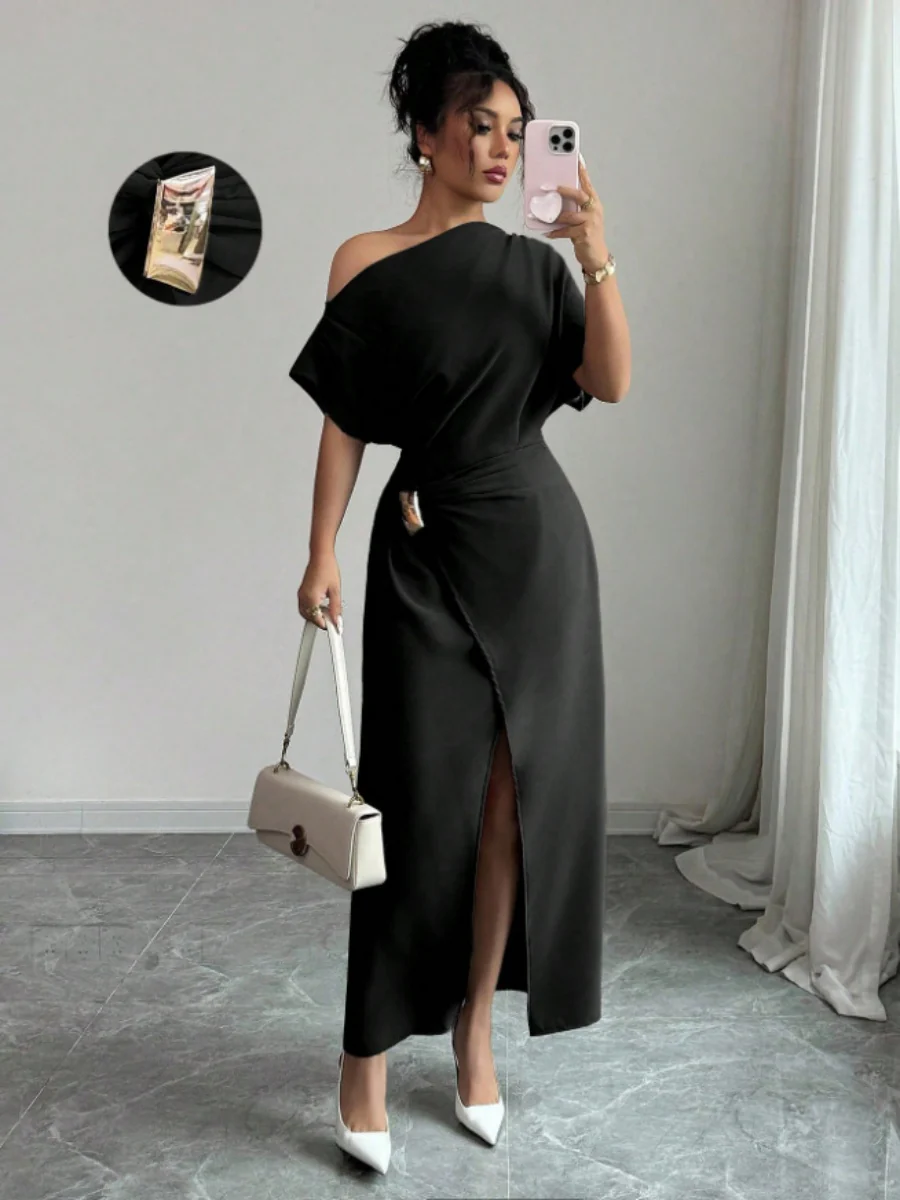 Off-shoulder Slit Commuting Maxi Dresses - Image 4